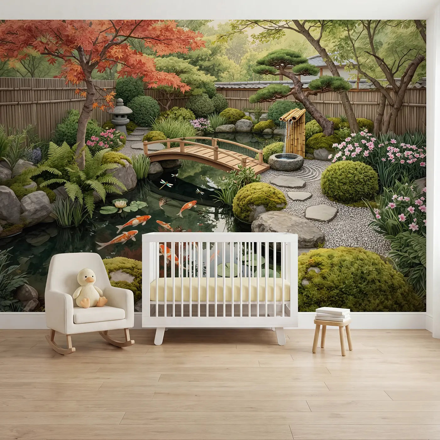 Storybook Japanese koi pond garden wallpaper mural for nursery by Whimsy Tots