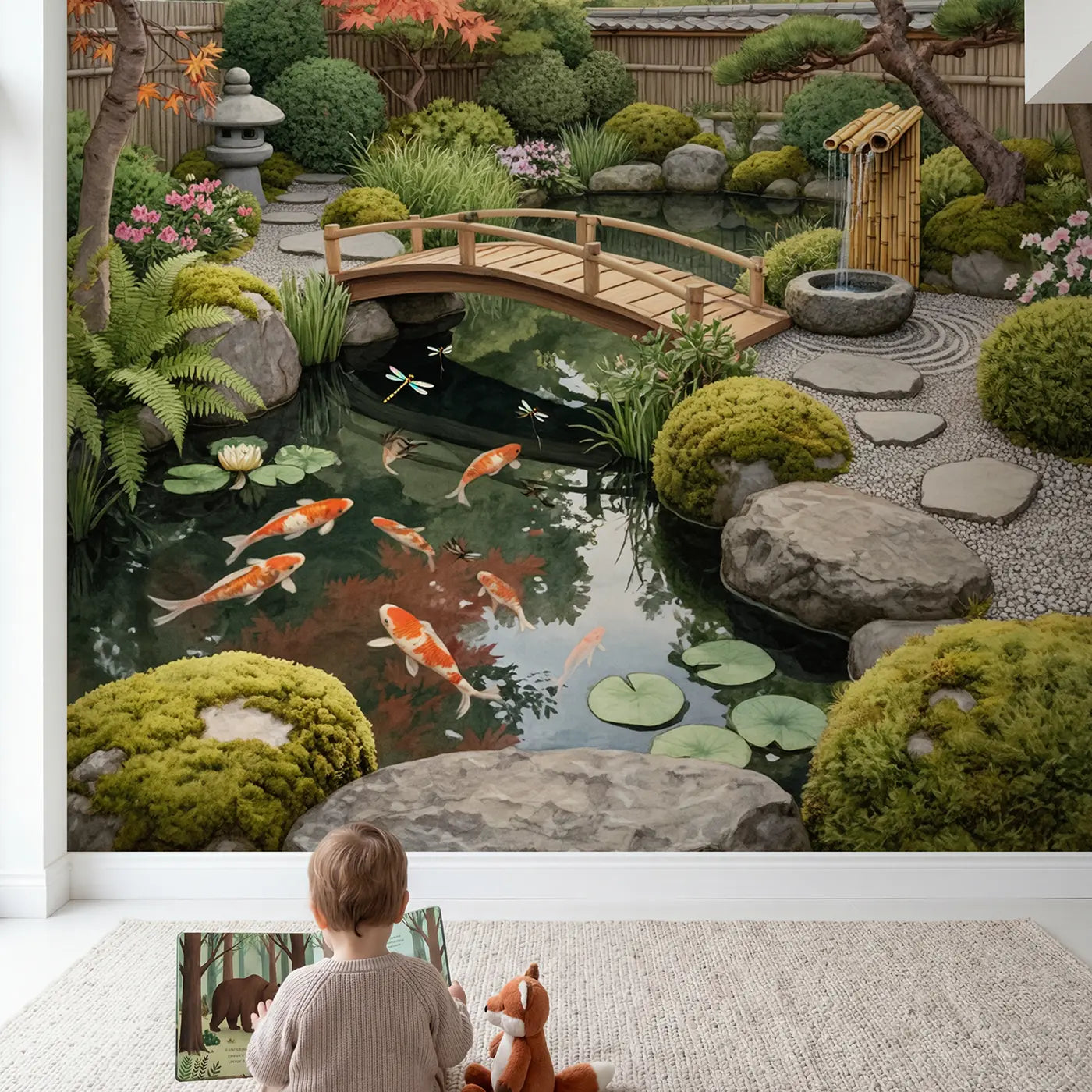 Child in nursery with Japanese Koi Pond Garden Wallpaper Mural by Whimsy Tots