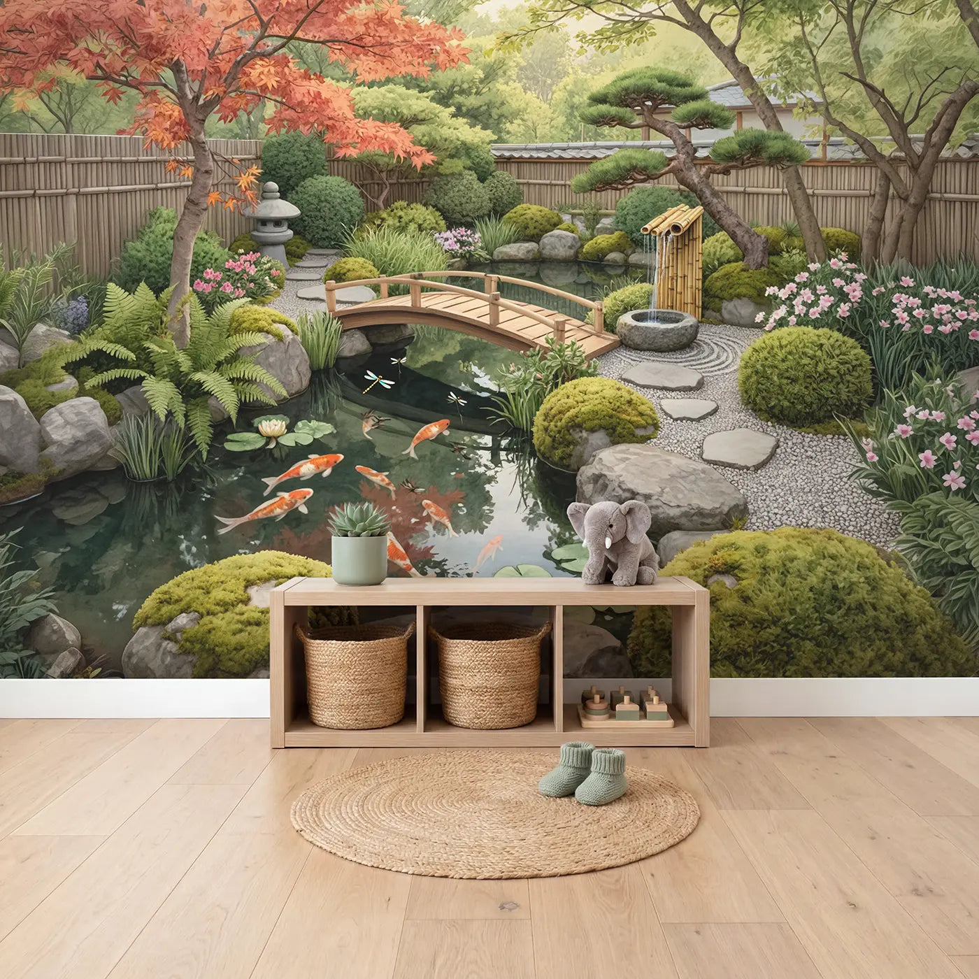Japanese Koi Pond Garden Wallpaper Mural in playroom setting by Whimsy Tots