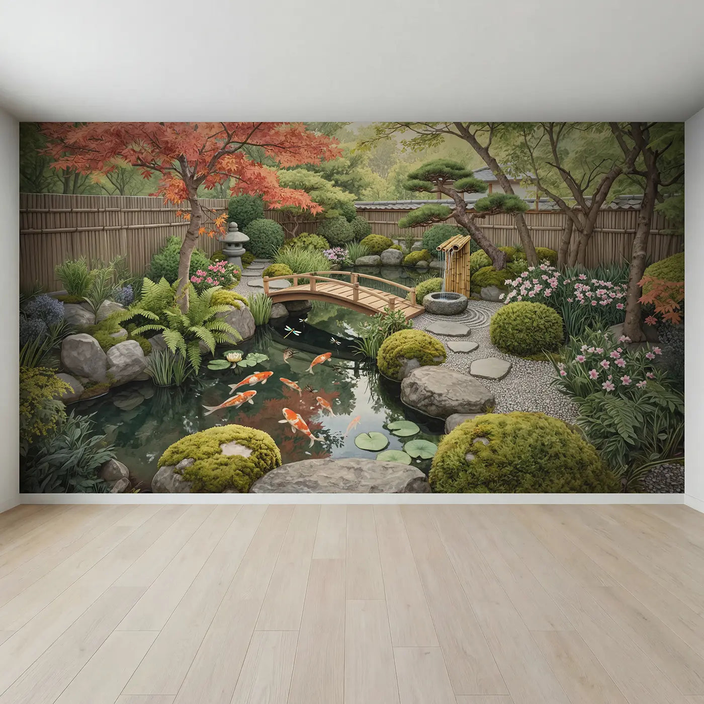 Full view of Japanese Koi Pond Garden Wallpaper Mural by Whimsy Tots