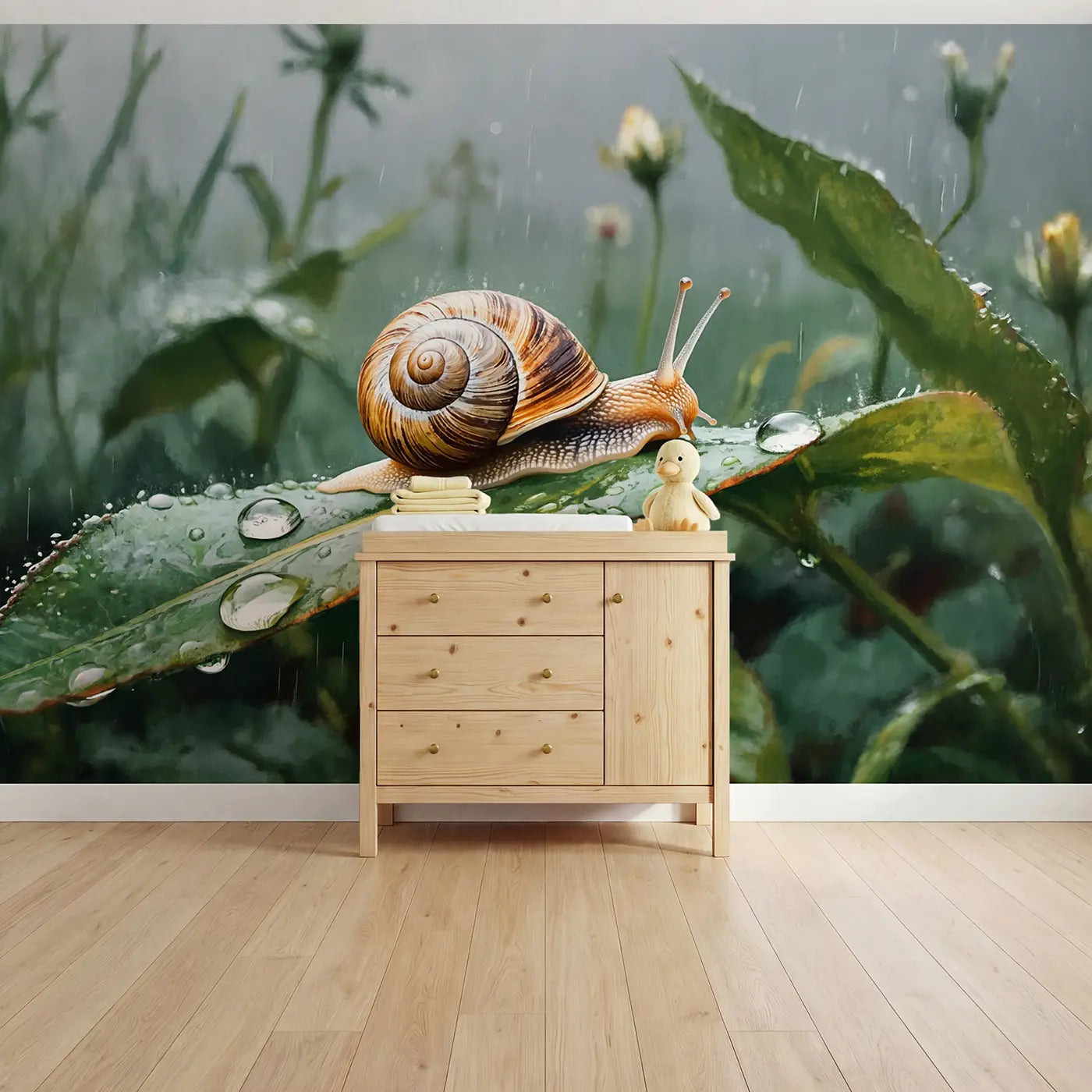Soft Pastel garden snail rain trail wallpaper mural for kids room by Whimsy Tots