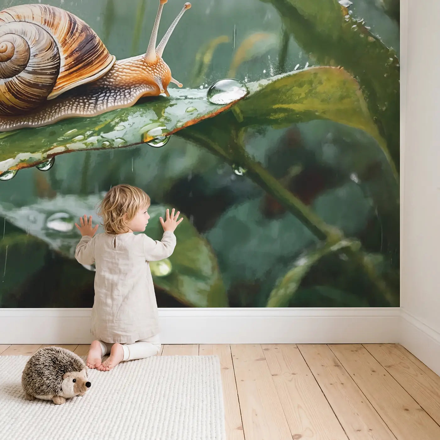 Child in nursery with Garden Snail Rain Trail Wallpaper Mural by Whimsy Tots