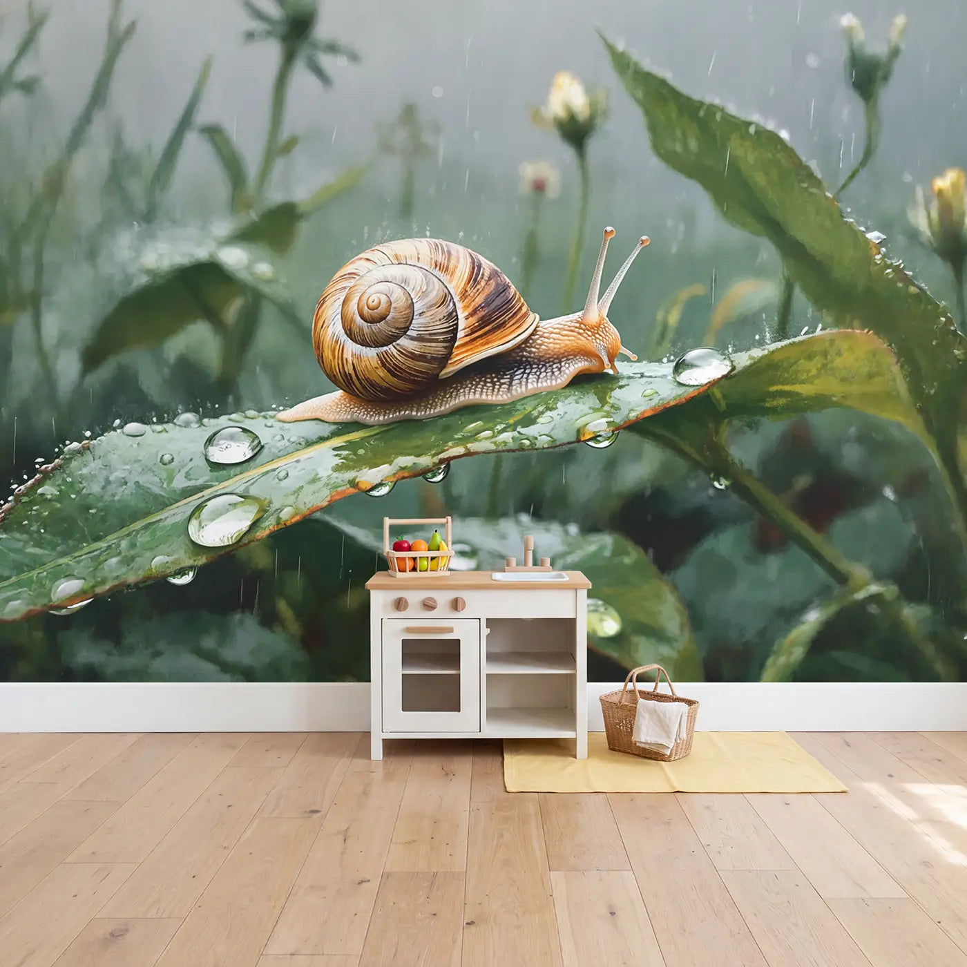 Garden Snail Rain Trail Wallpaper Mural in playroom setting by Whimsy Tots