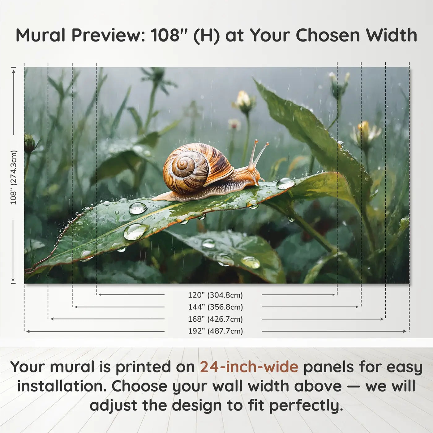 Panel layout and dimensions for Garden Snail Rain Trail Wallpaper Mural by Whimsy Tots