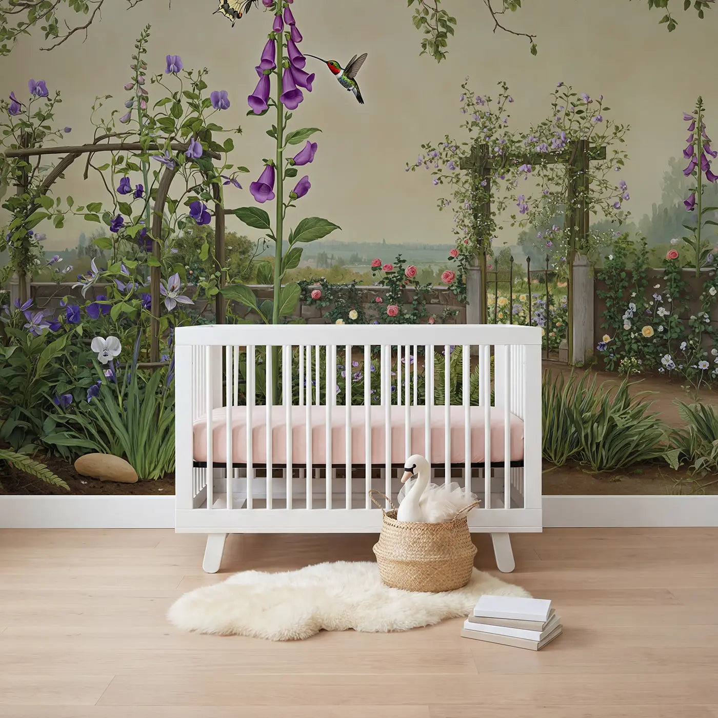 Botanical elegance butterfly hummingbird garden wallpaper mural for girls room by Whimsy Tots