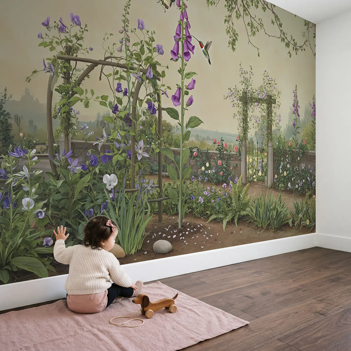 Child in nursery with Butterfly Hummingbird Encounter Wallpaper Mural by Whimsy Tots
