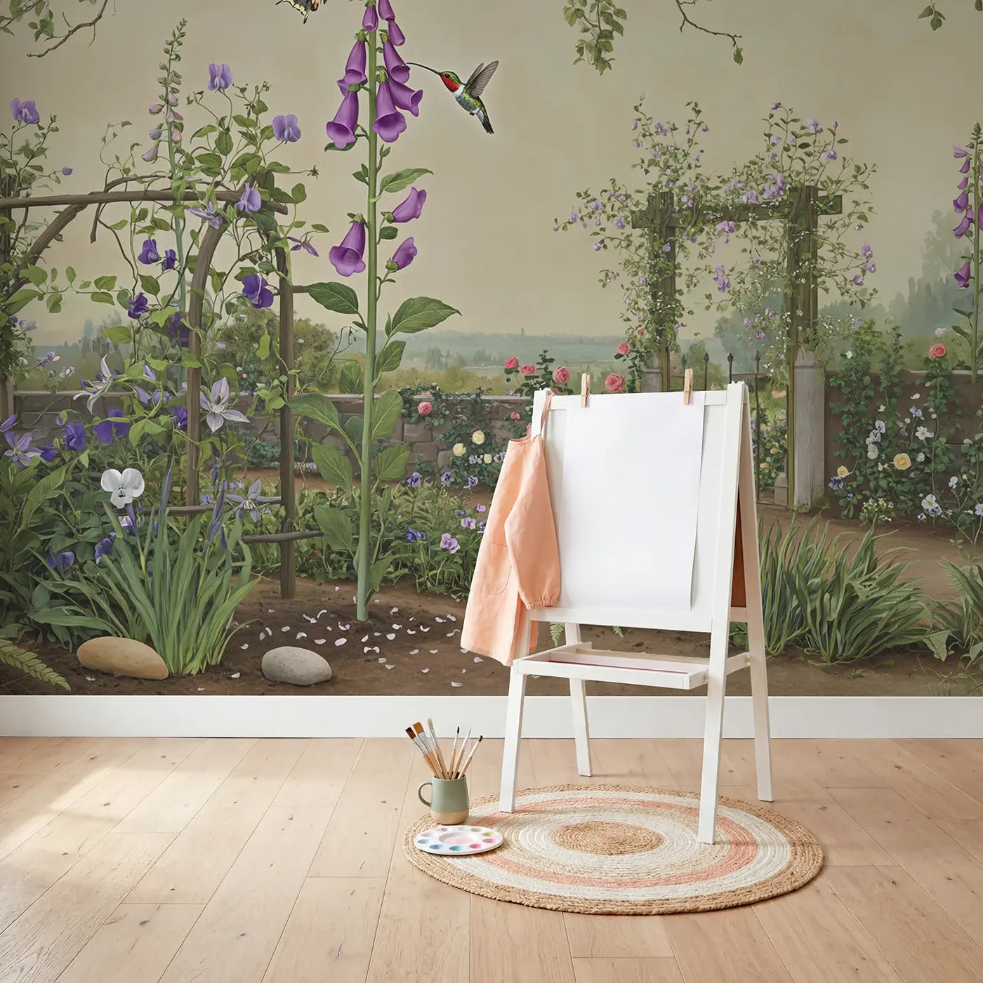 Butterfly Hummingbird Encounter Wallpaper Mural in playroom setting by Whimsy Tots