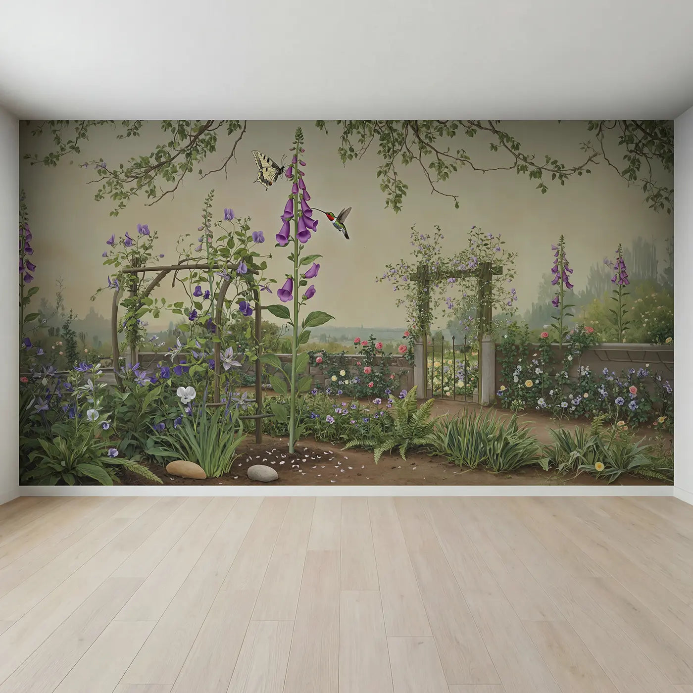 Full view of Butterfly Hummingbird Encounter Wallpaper Mural by Whimsy Tots