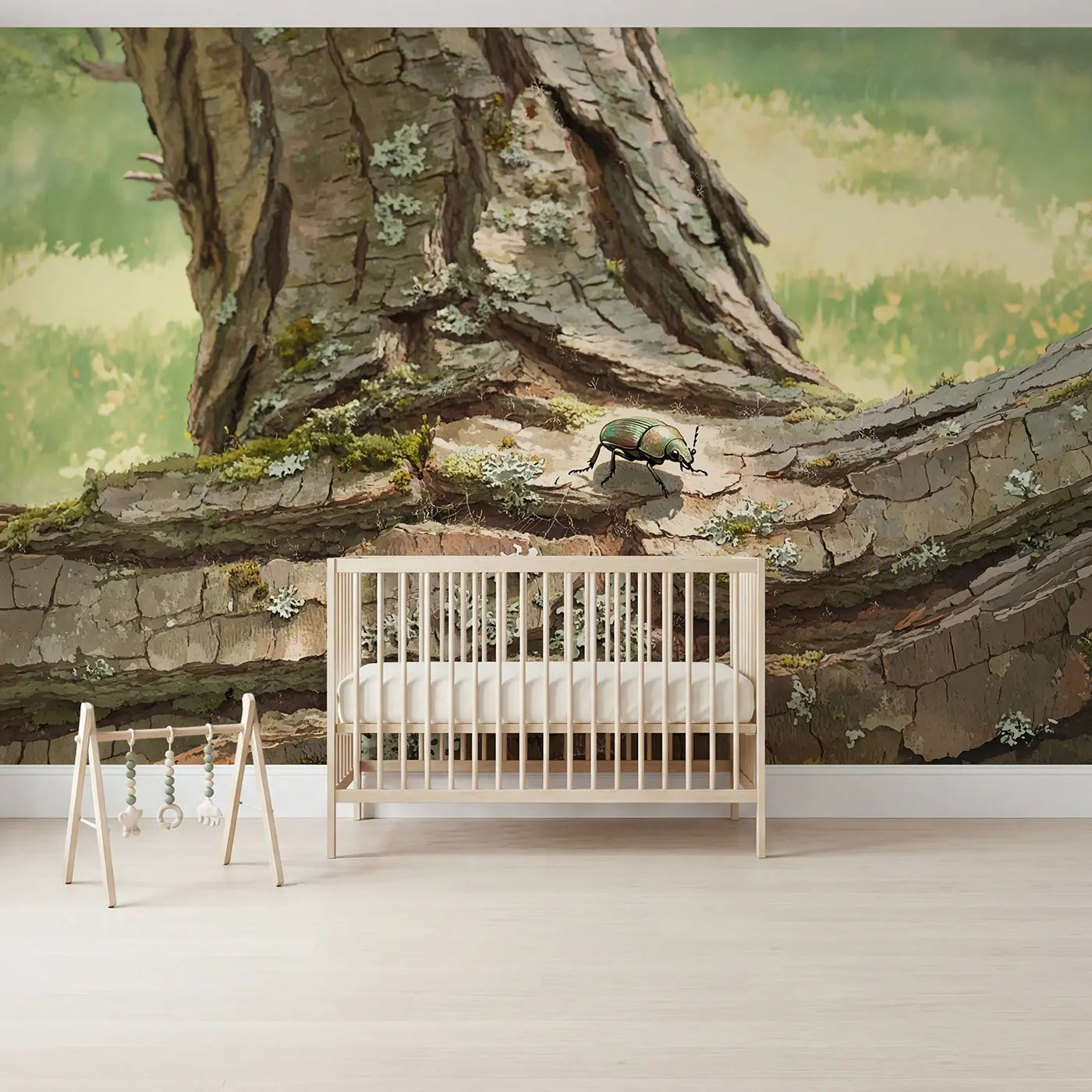 Soft Pastel garden beetle on bark wallpaper mural for nursery by Whimsy Tots