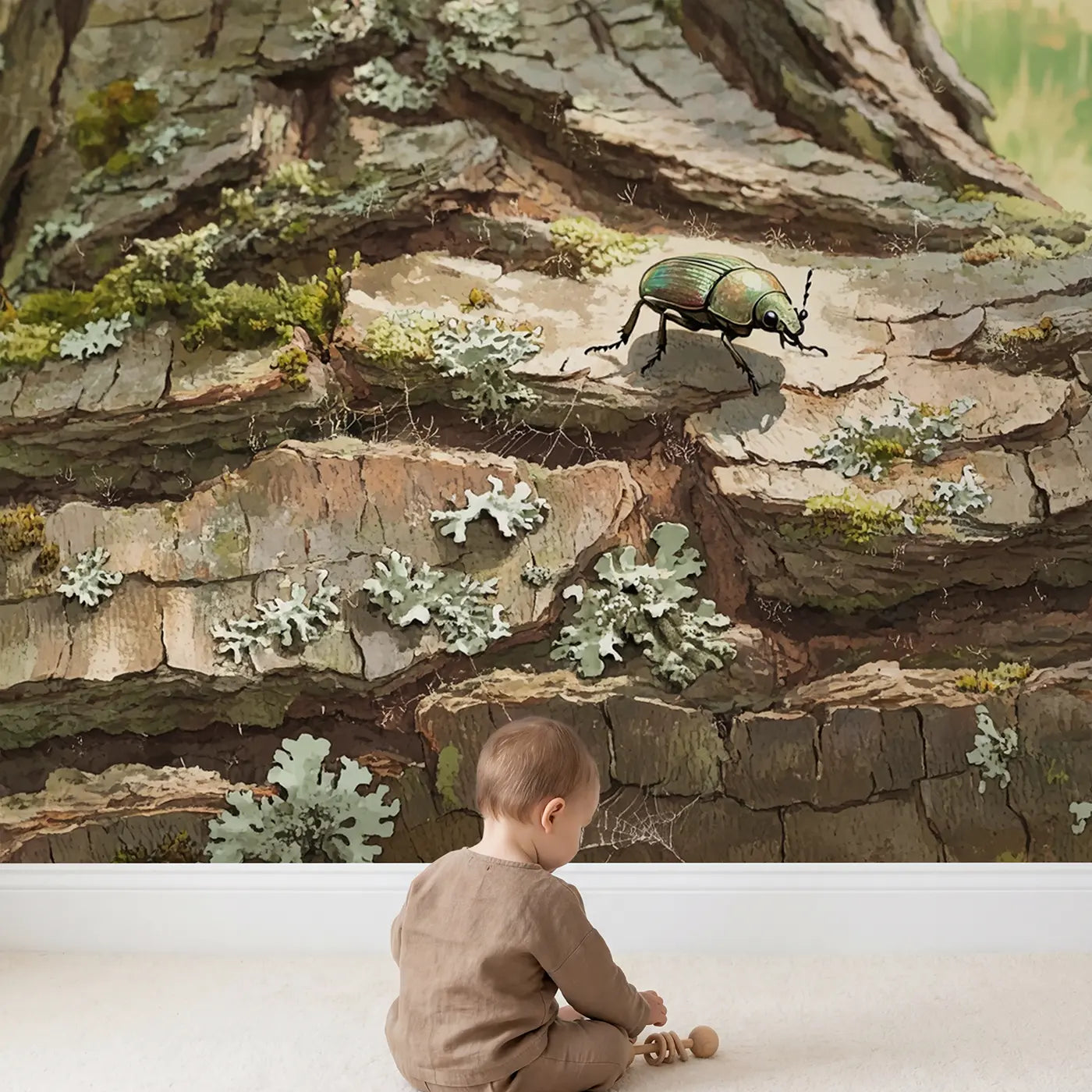Child in nursery with Garden Beetle on Bark Wallpaper Mural by Whimsy Tots