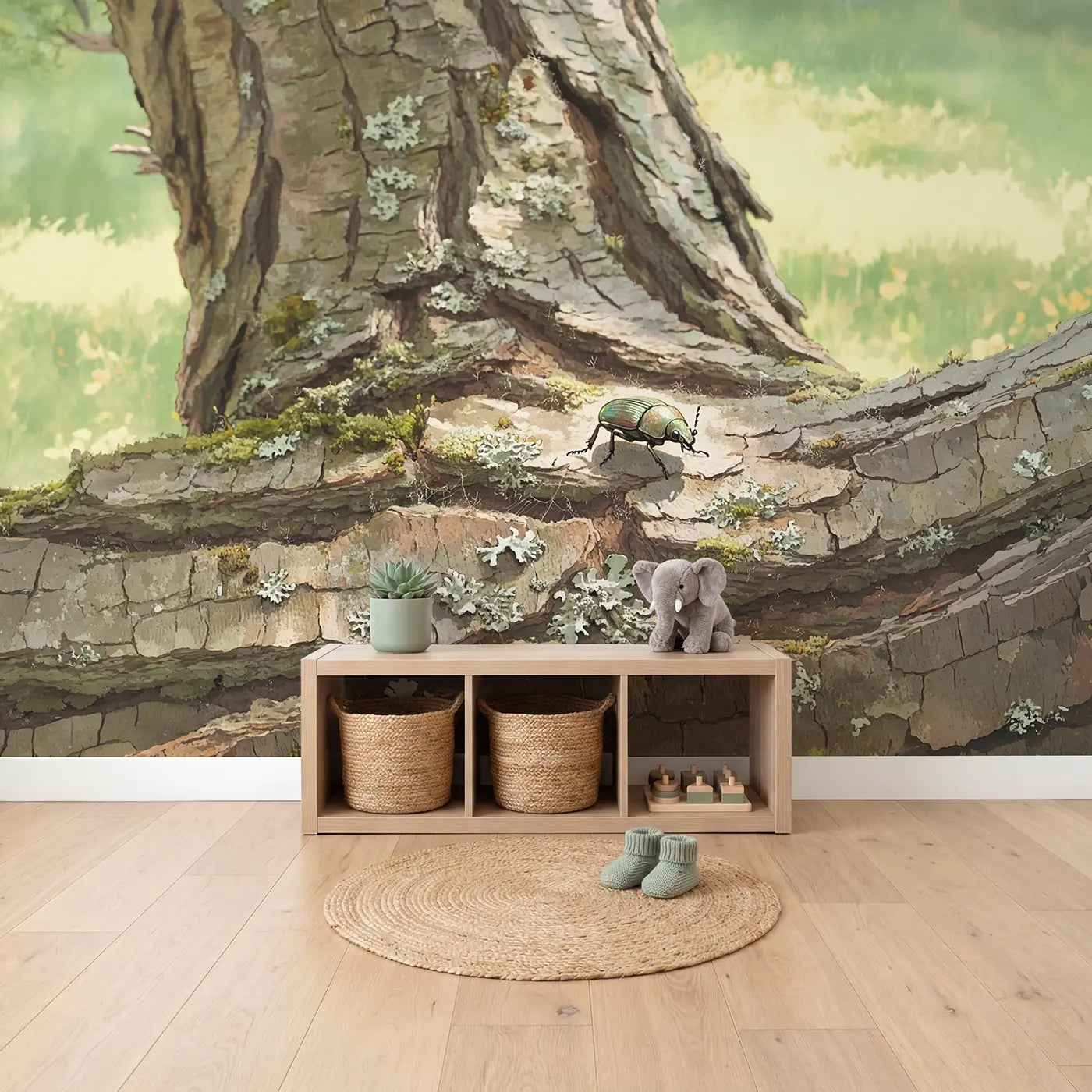 Garden Beetle on Bark Wallpaper Mural in playroom setting by Whimsy Tots