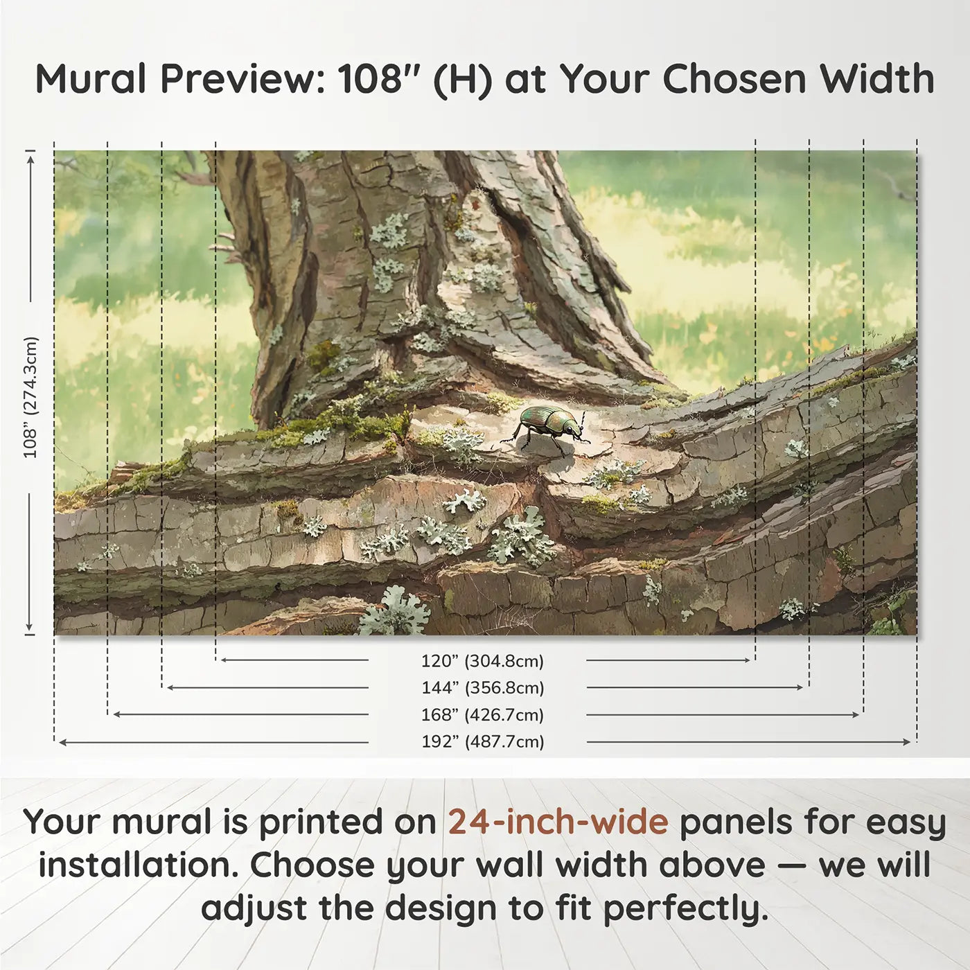 Panel layout and dimensions for Garden Beetle on Bark Wallpaper Mural by Whimsy Tots