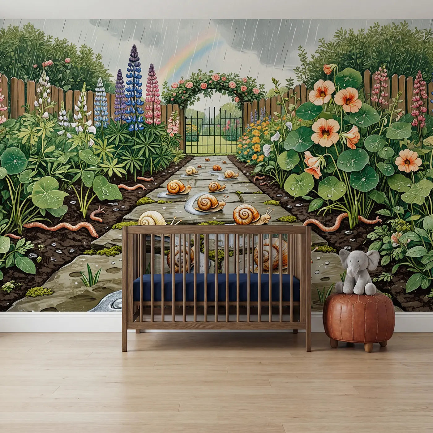 Block print snail mushroom garden wallpaper mural for kids room by Whimsy Tots