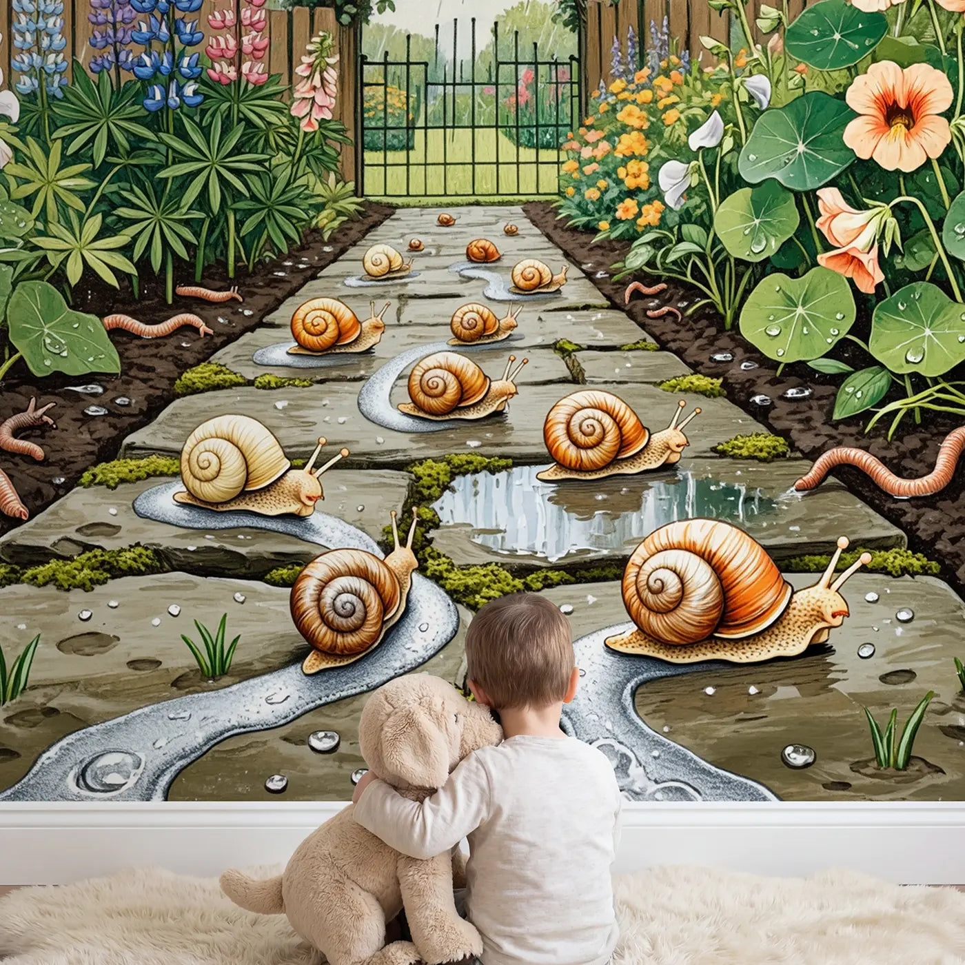 Child in nursery with Garden Snail Race Wallpaper Mural by Whimsy Tots
