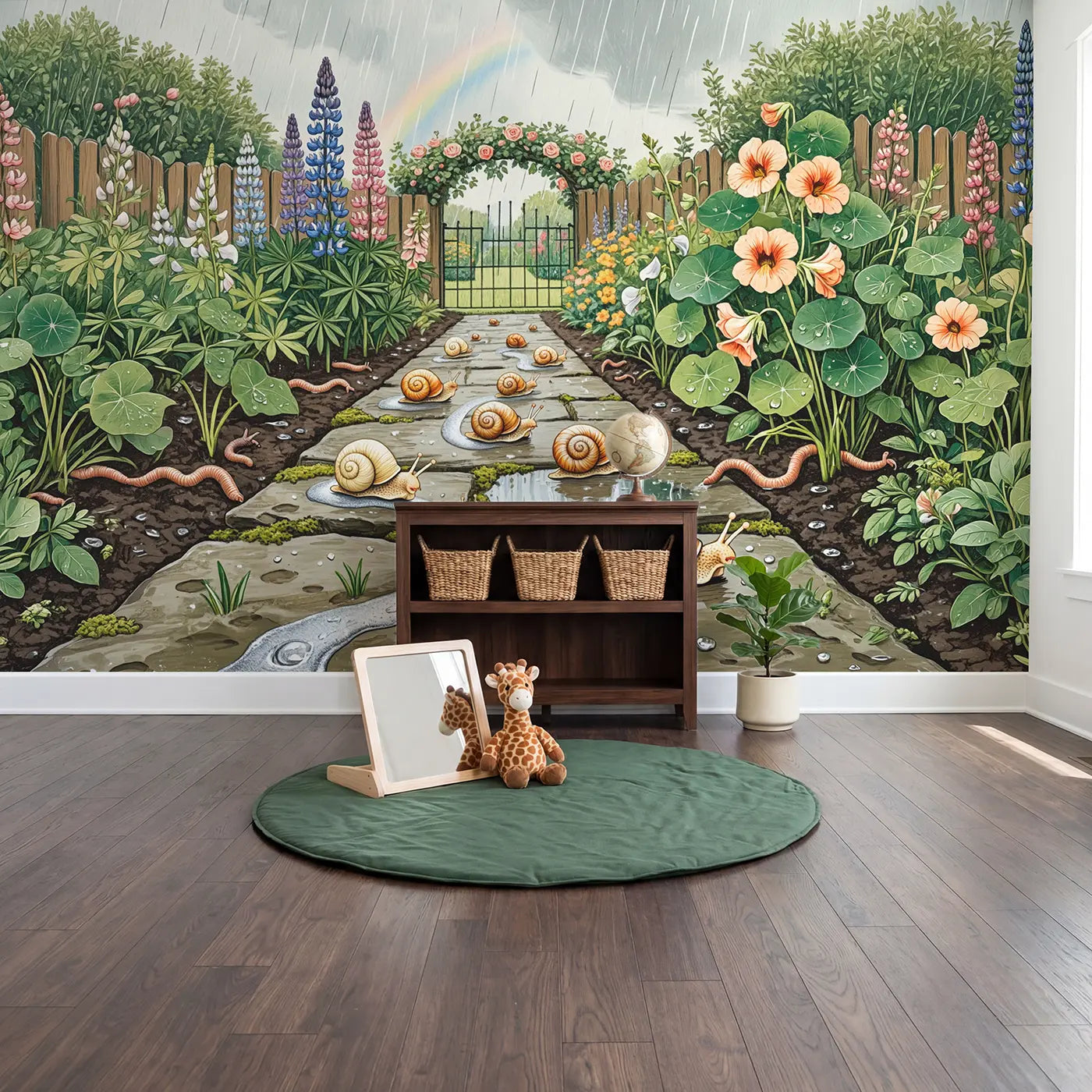 Garden Snail Race Wallpaper Mural in playroom setting by Whimsy Tots