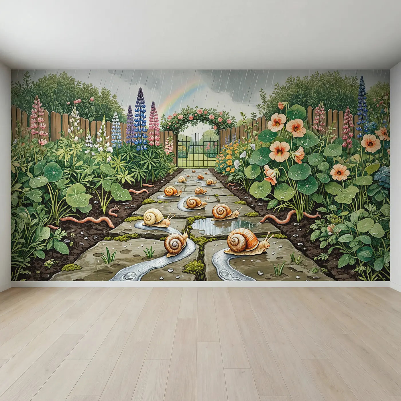 Full view of Garden Snail Race Wallpaper Mural by Whimsy Tots