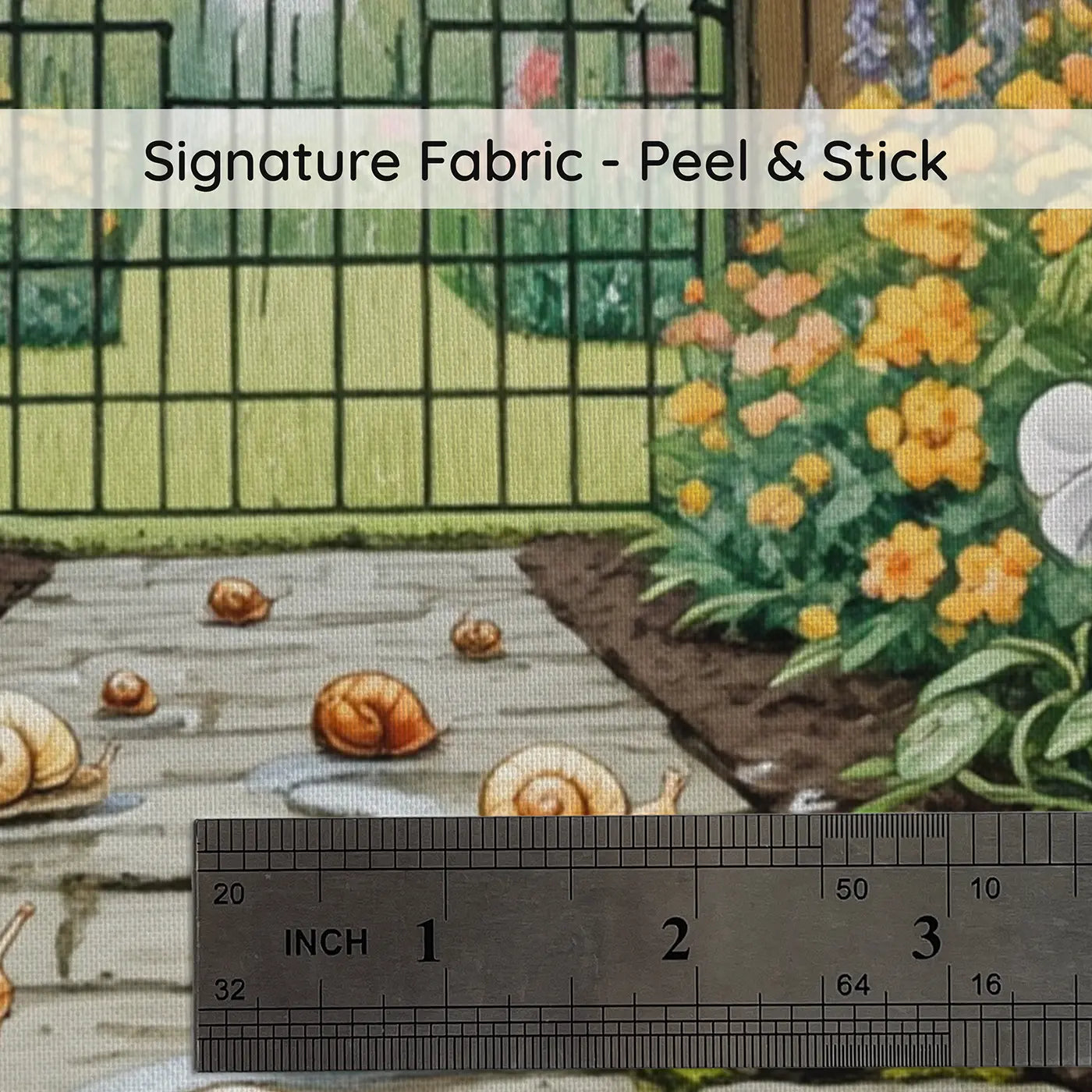 Fabric texture close-up of Garden Snail Race Wallpaper Mural by Whimsy Tots