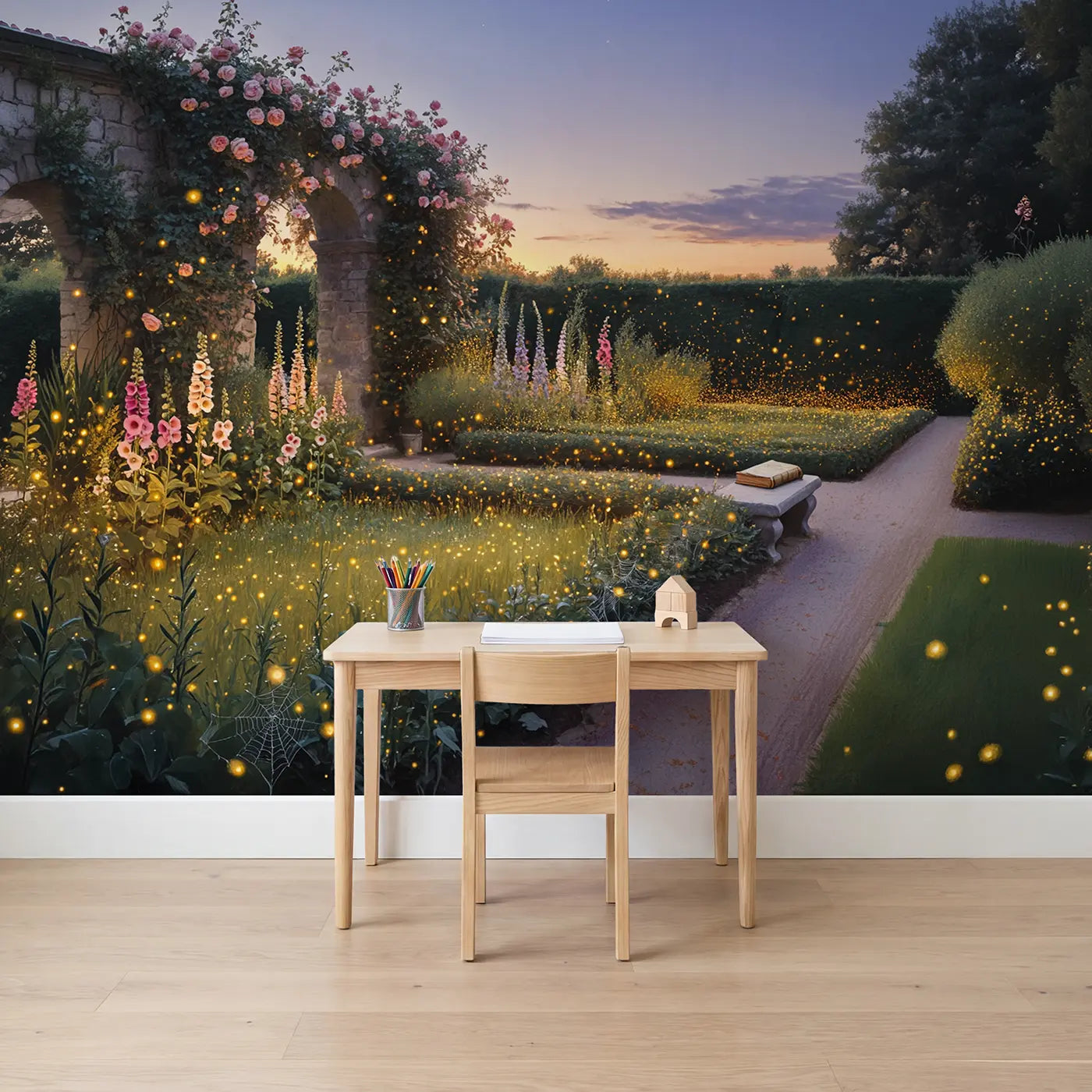 Soft pastel firefly dusk garden wallpaper mural for kids room by Whimsy Tots