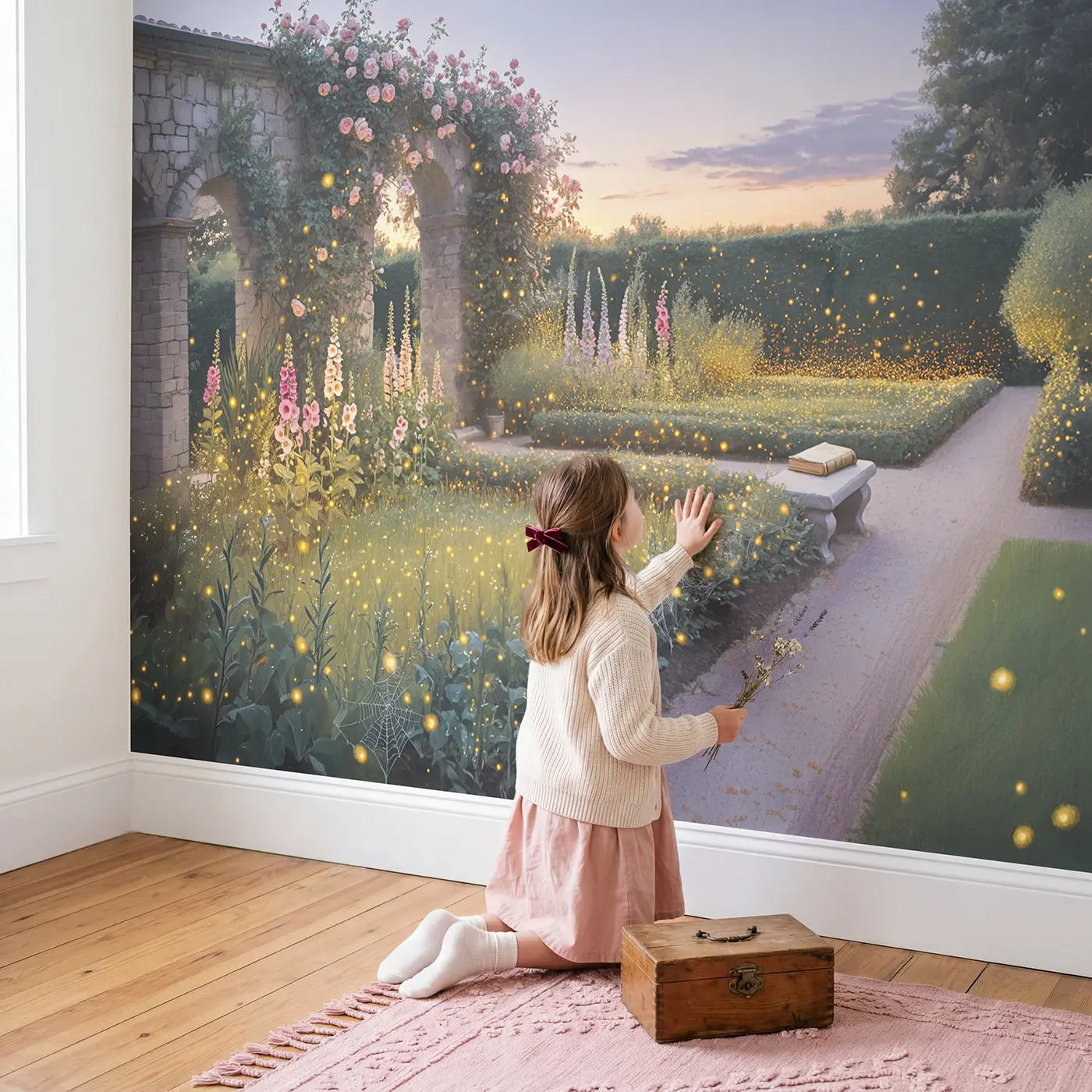 Child in nursery with Firefly Dusk Garden Wallpaper Mural by Whimsy Tots