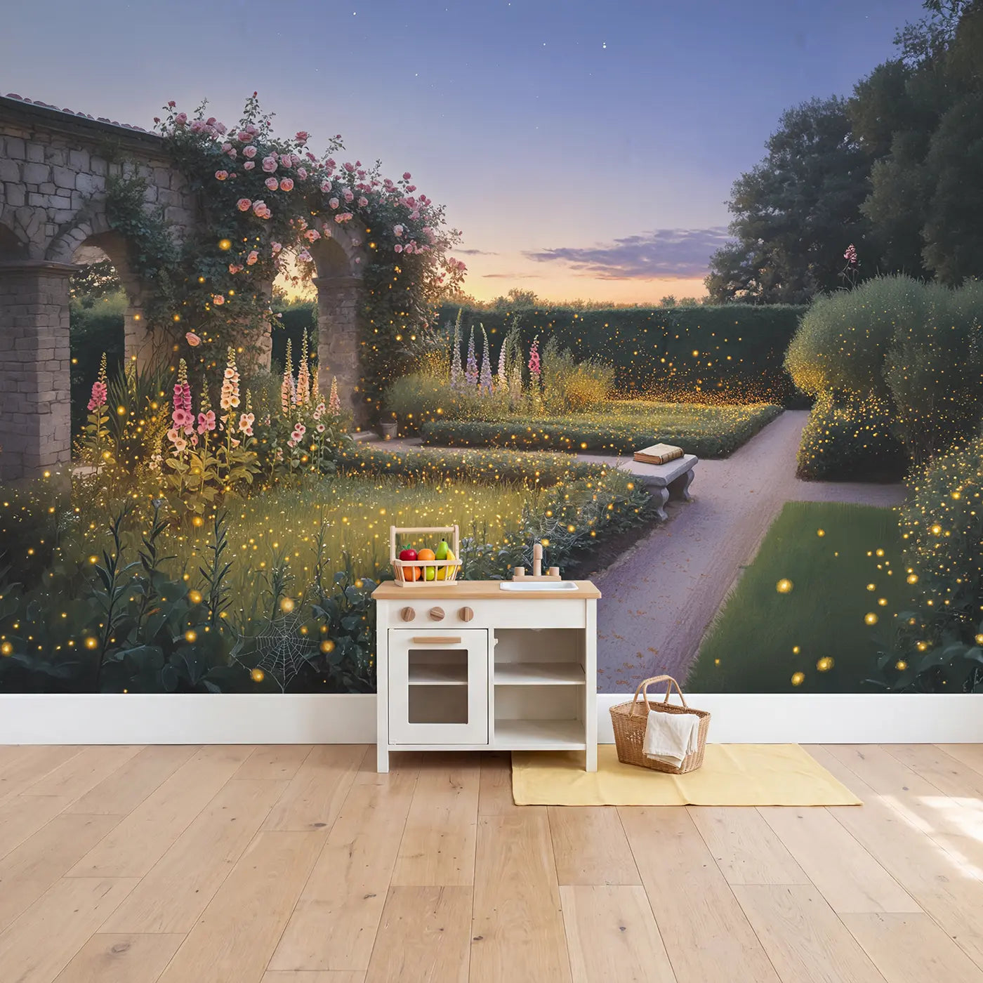 Firefly Dusk Garden Wallpaper Mural in playroom setting by Whimsy Tots