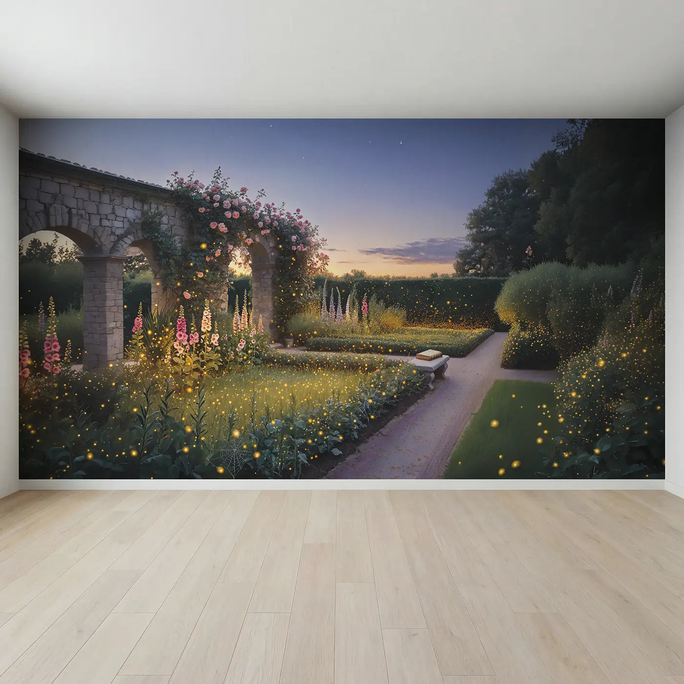 Full view of Firefly Dusk Garden Wallpaper Mural by Whimsy Tots