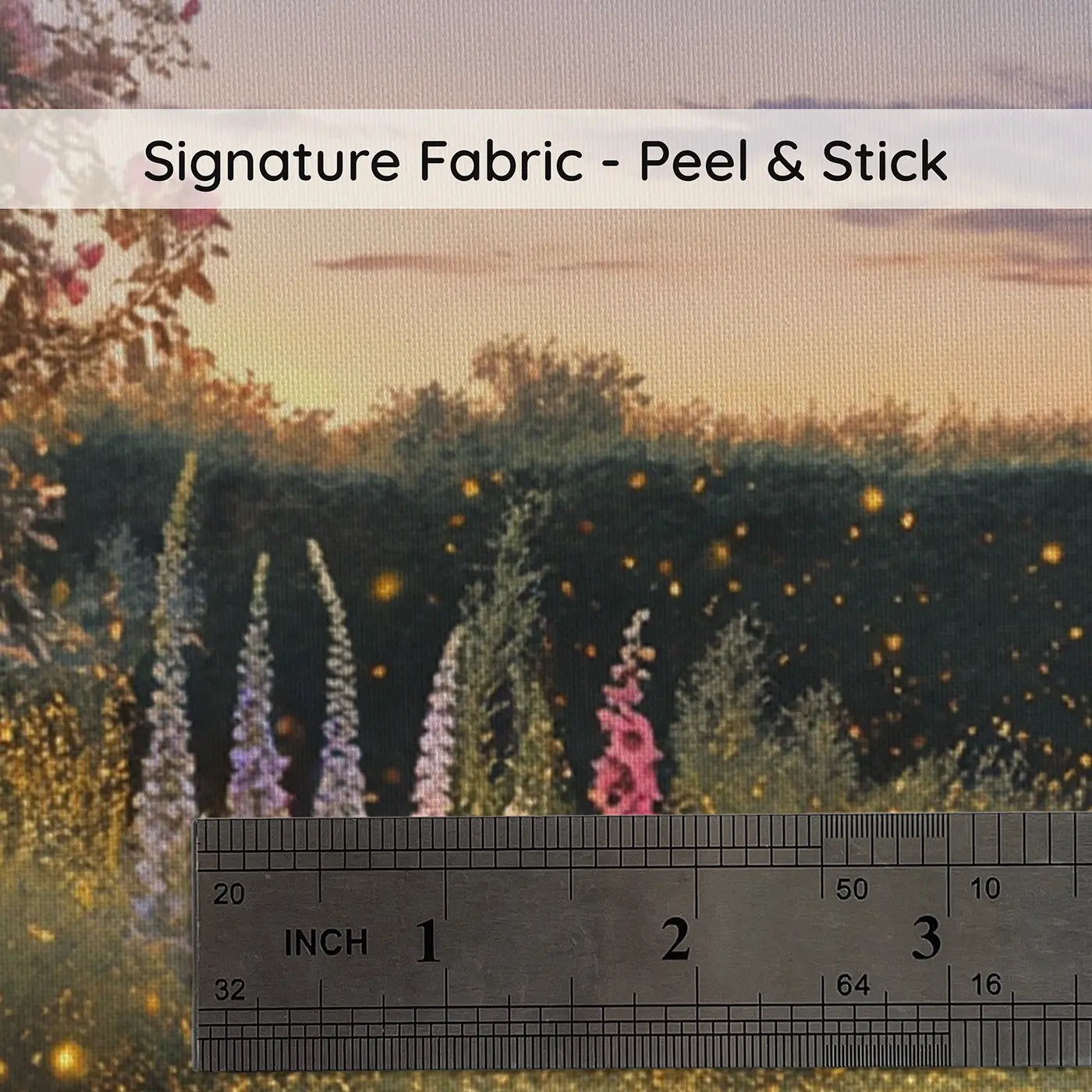 Fabric texture close-up of Firefly Dusk Garden Wallpaper Mural by Whimsy Tots