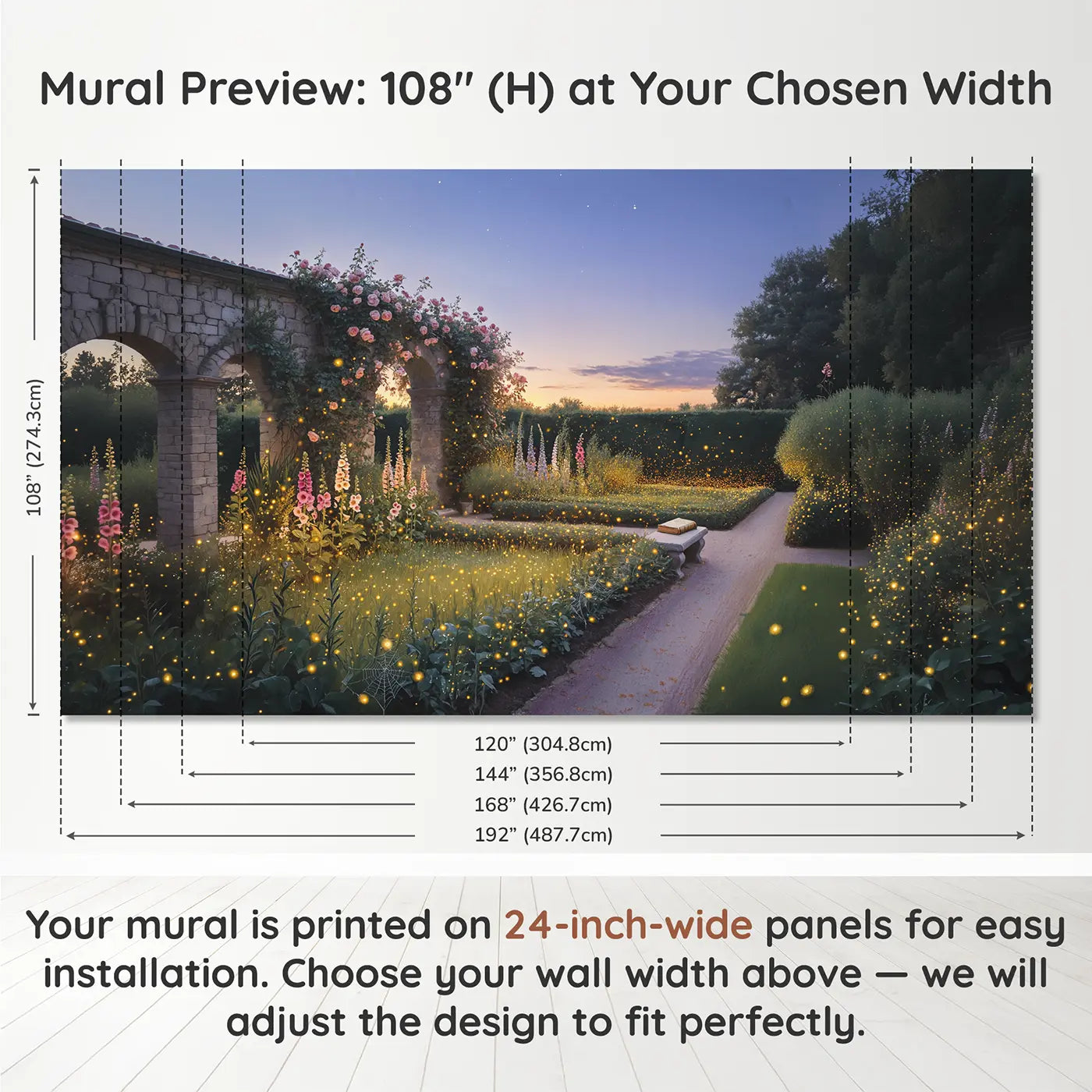 Panel layout and dimensions for Firefly Dusk Garden Wallpaper Mural by Whimsy Tots