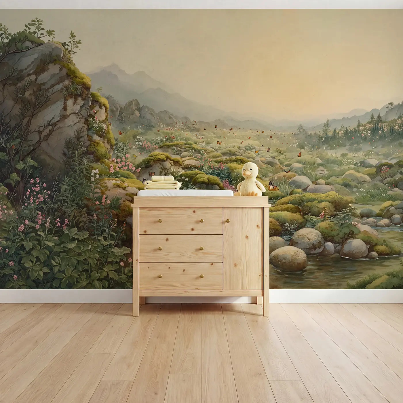 watercolor alpine rock garden mountain wallpaper mural for kids room by Whimsy Tots
