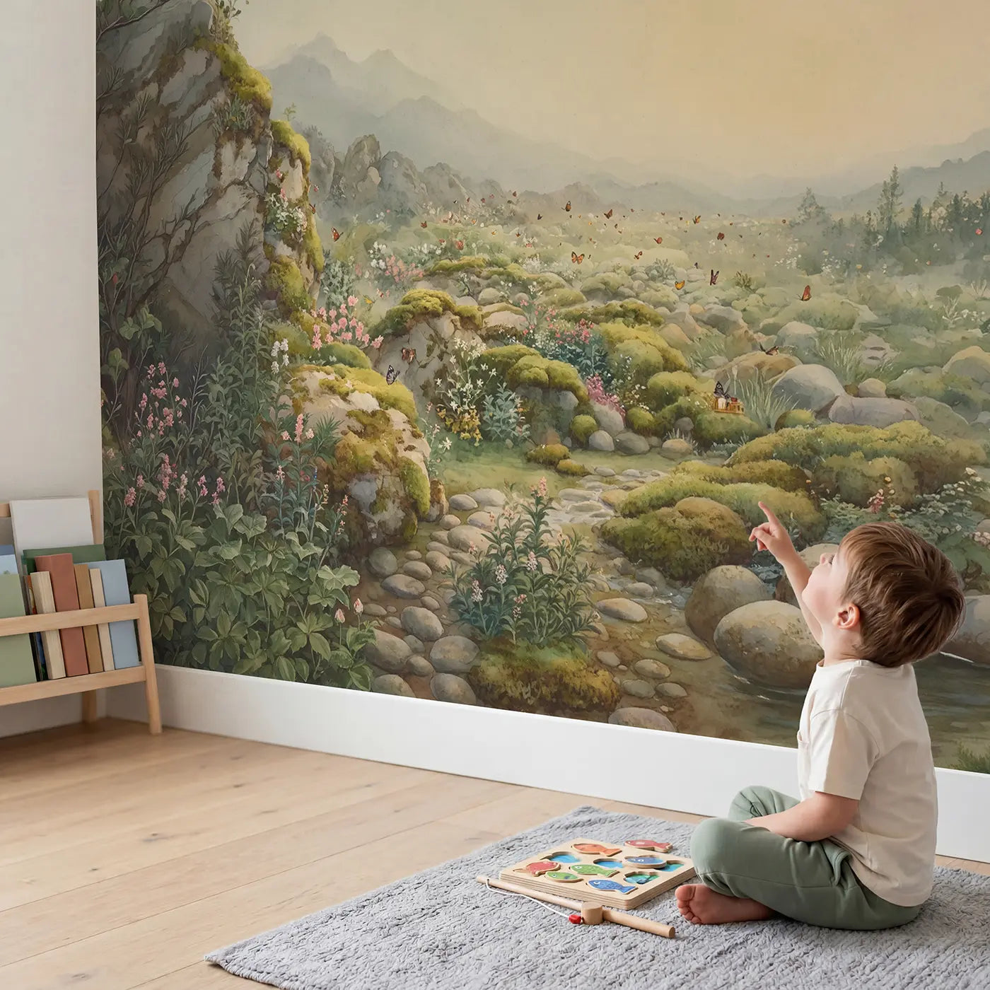 Child in nursery with Alpine Rock Garden Mountain Wallpaper Mural by Whimsy Tots