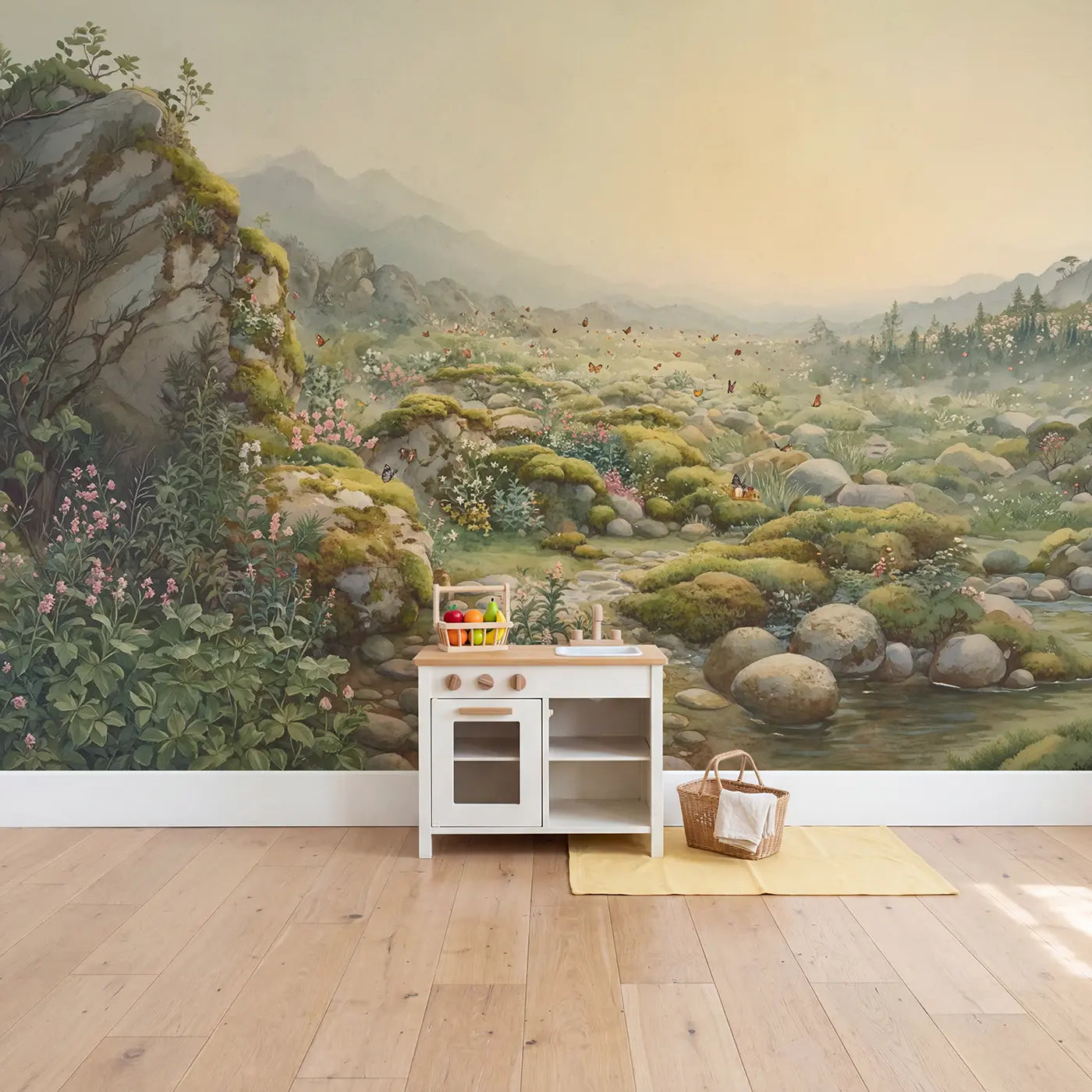 Alpine Rock Garden Mountain Wallpaper Mural in playroom setting by Whimsy Tots