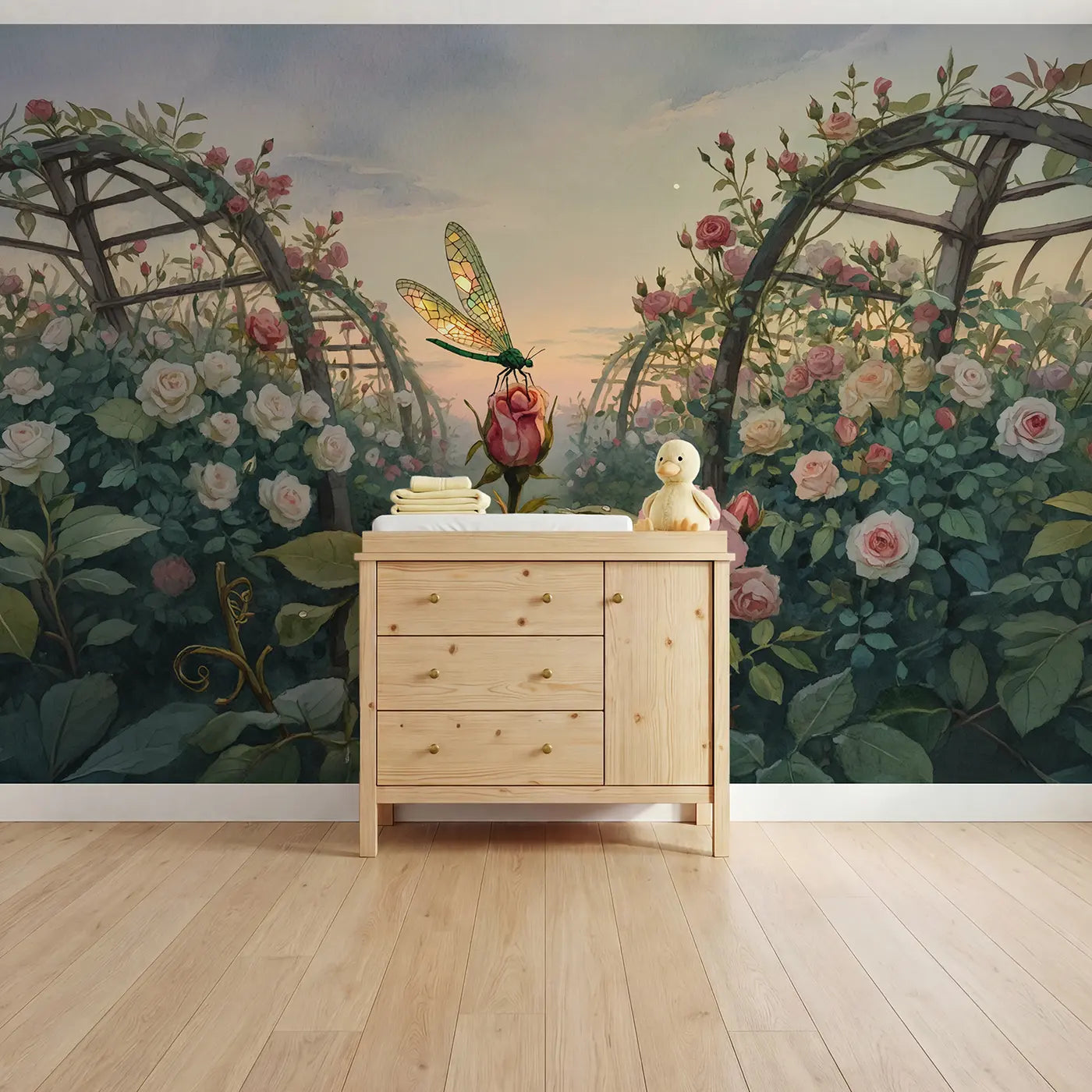 Watercolor lacewing on rose bud evening garden wallpaper mural for kids room by Whimsy Tots
