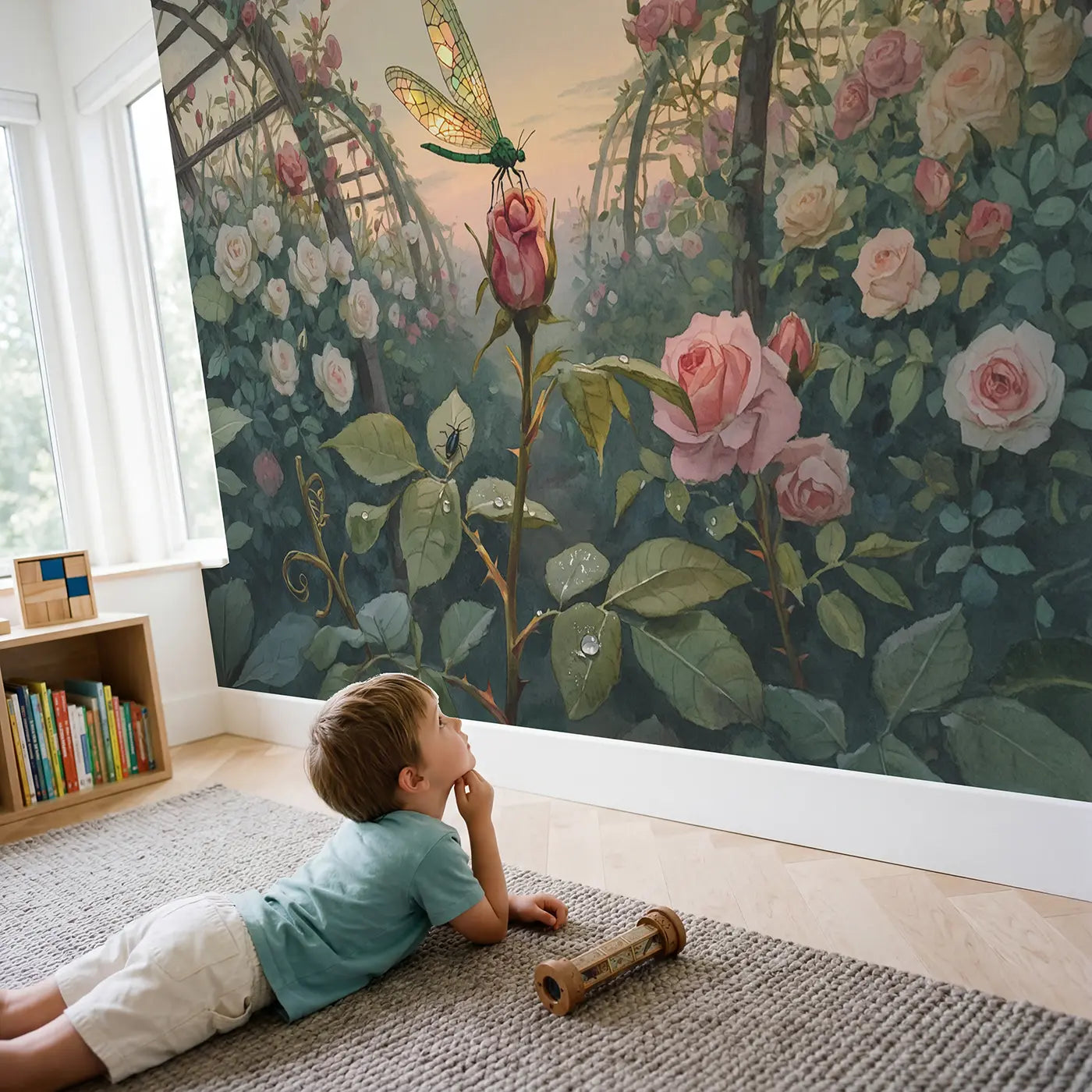 Child in nursery with Lacewing on Rose Bud Wallpaper Mural by Whimsy Tots