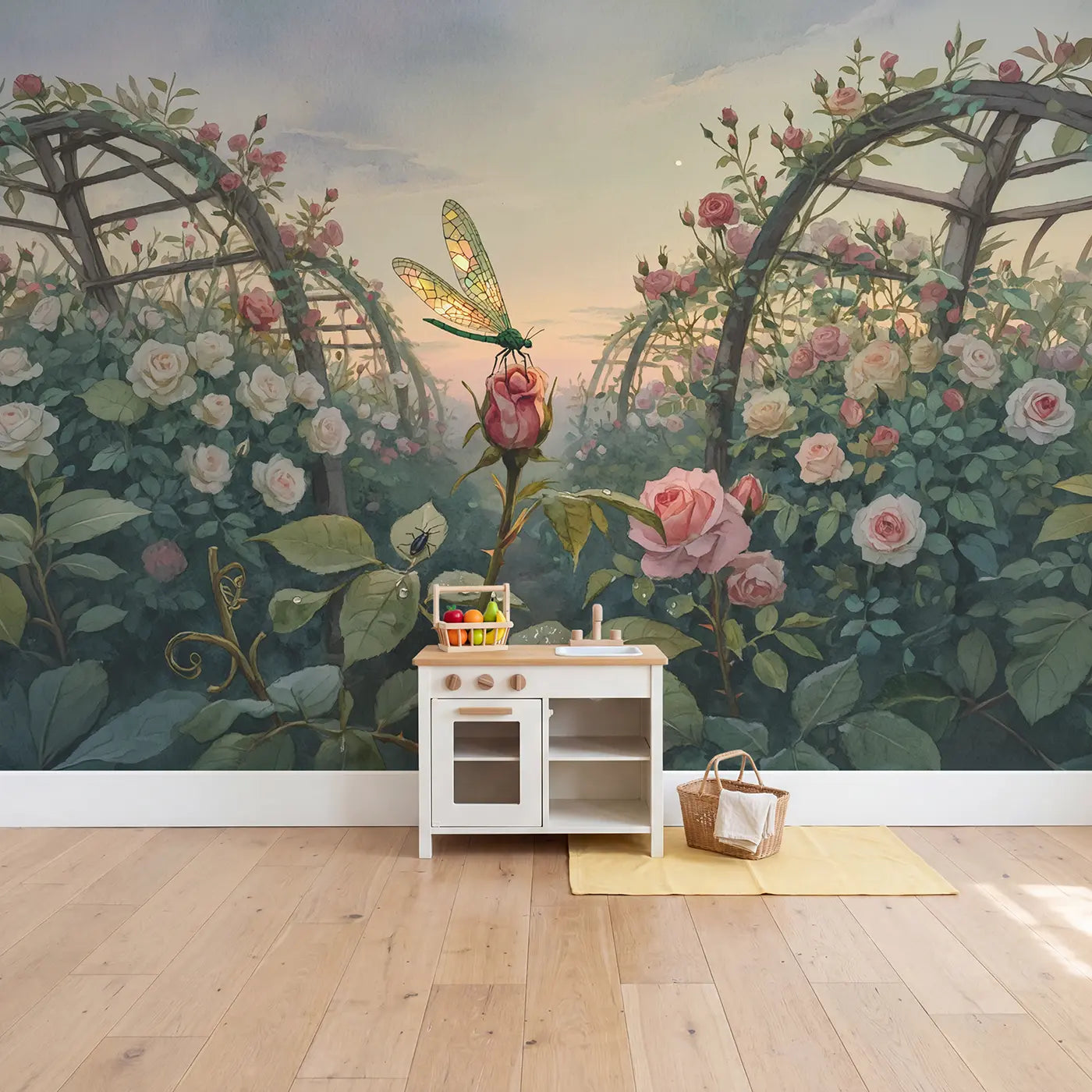 Lacewing on Rose Bud Wallpaper Mural in playroom setting by Whimsy Tots