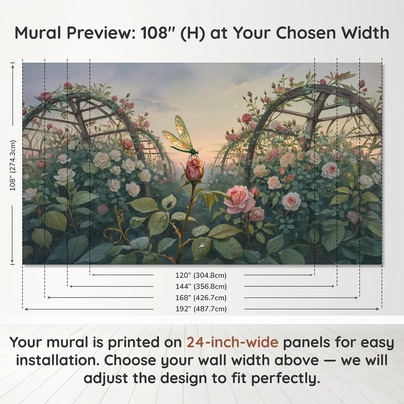 Panel layout and dimensions for Lacewing on Rose Bud Wallpaper Mural by Whimsy Tots