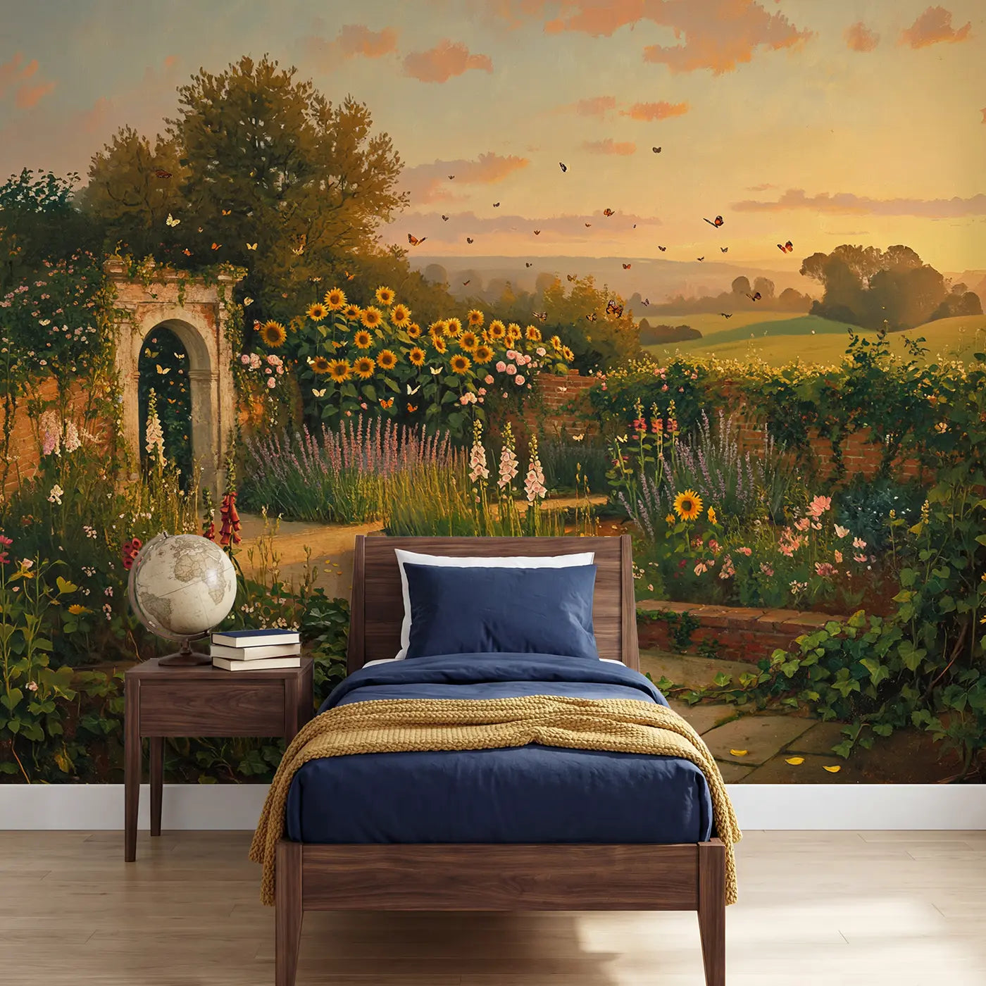 Painted butterfly and sunflower garden wallpaper mural for kids room by Whimsy Tots