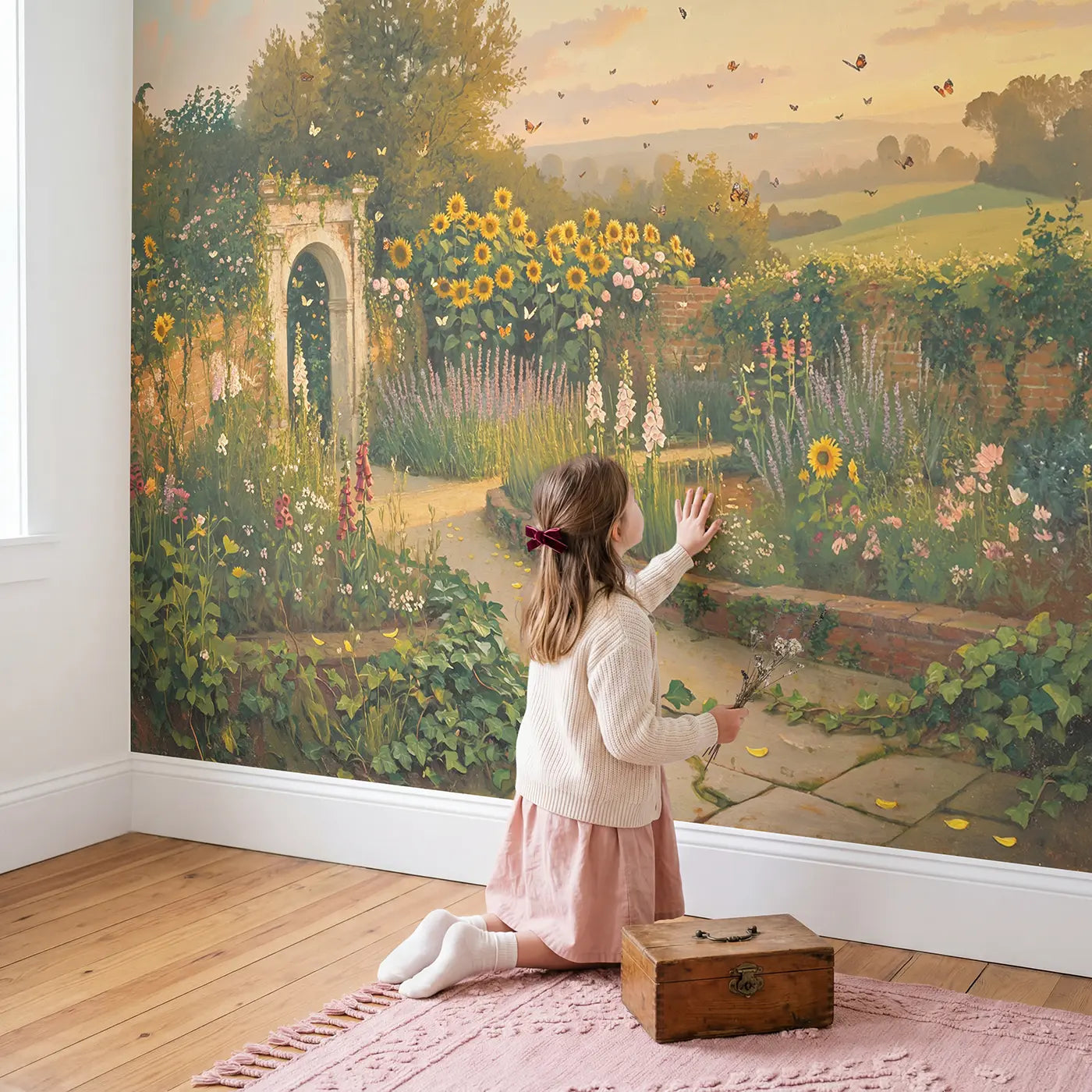 Child in nursery with Golden Hour Butterfly Garden Wallpaper Mural by Whimsy Tots