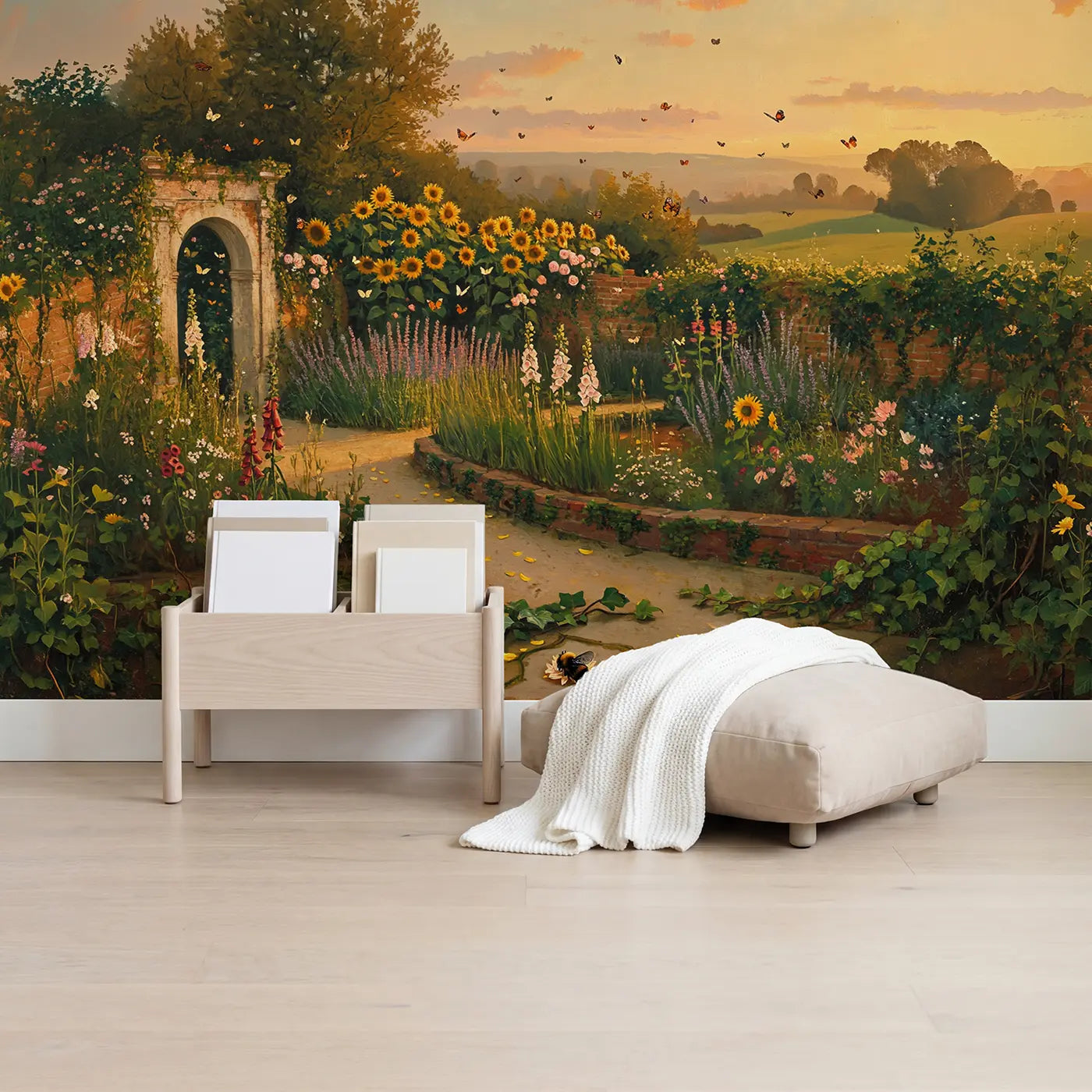 Golden Hour Butterfly Garden Wallpaper Mural in playroom setting by Whimsy Tots