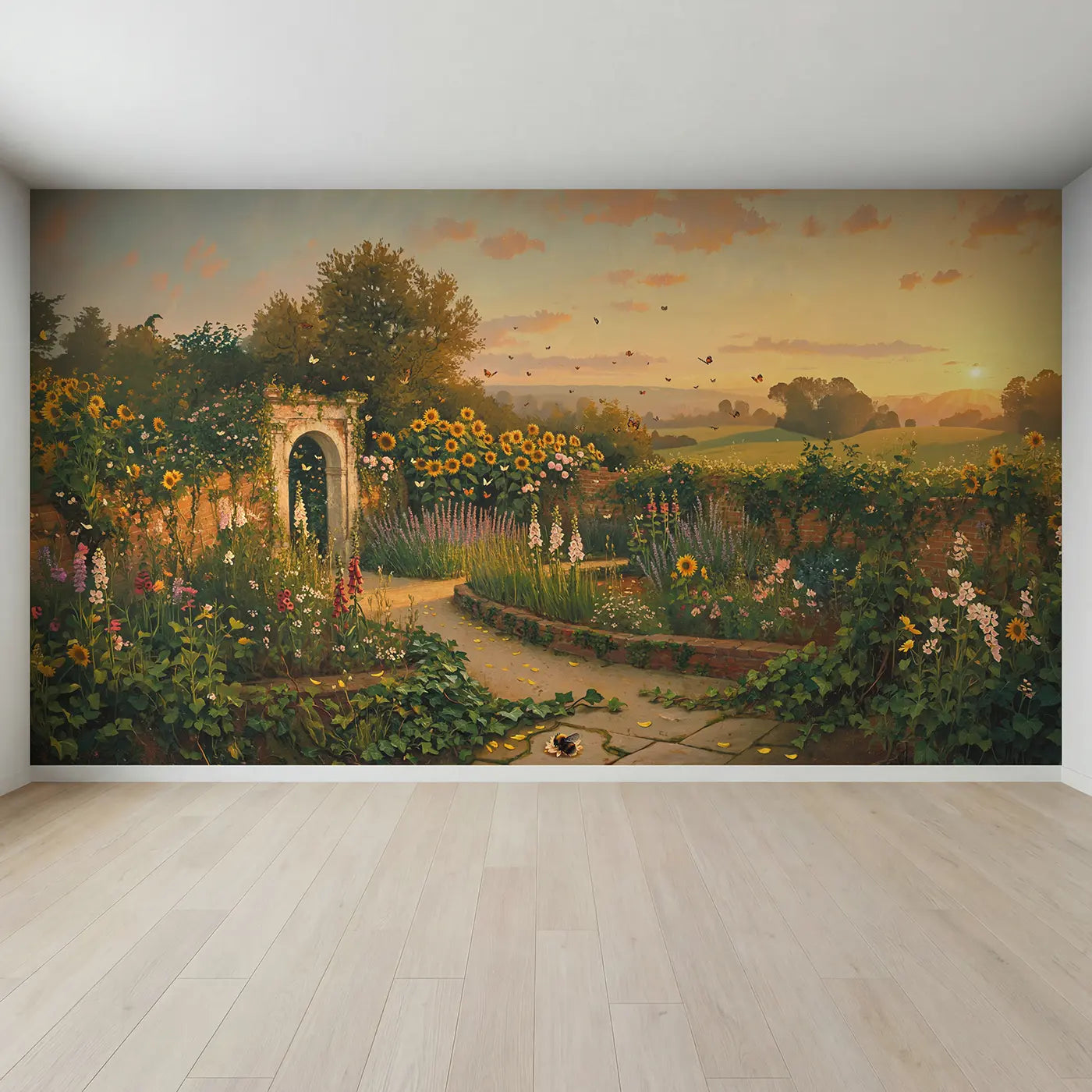 Full view of Golden Hour Butterfly Garden Wallpaper Mural by Whimsy Tots