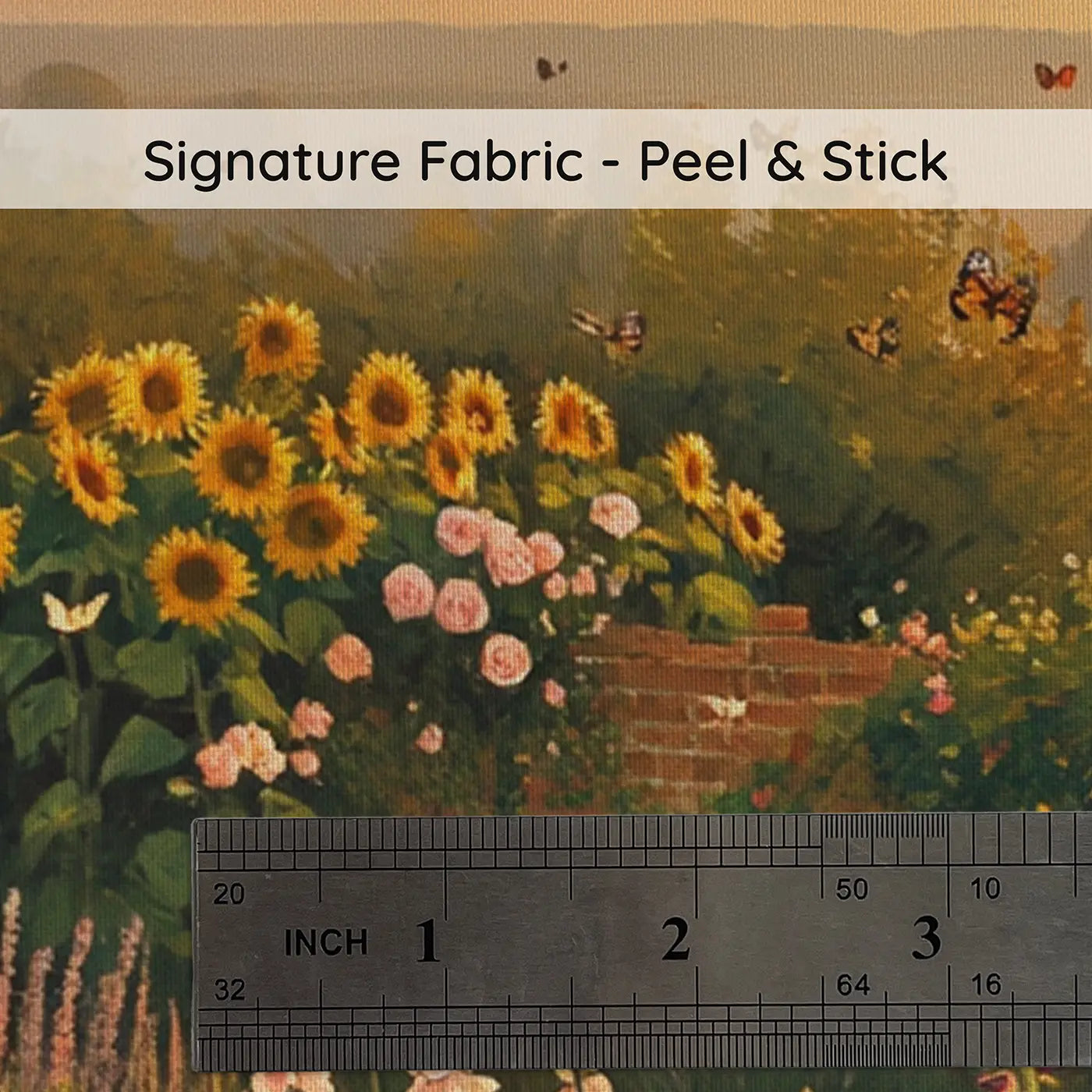Fabric texture close-up of Golden Hour Butterfly Garden Wallpaper Mural by Whimsy Tots