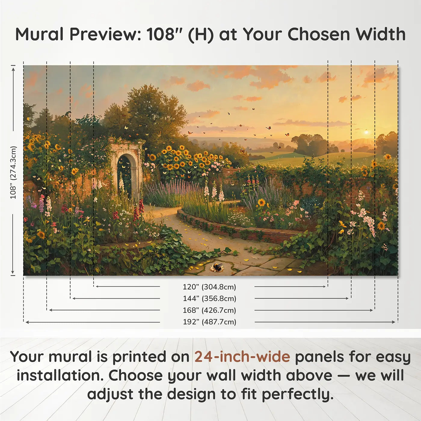 Panel layout and dimensions for Golden Hour Butterfly Garden Wallpaper Mural by Whimsy Tots