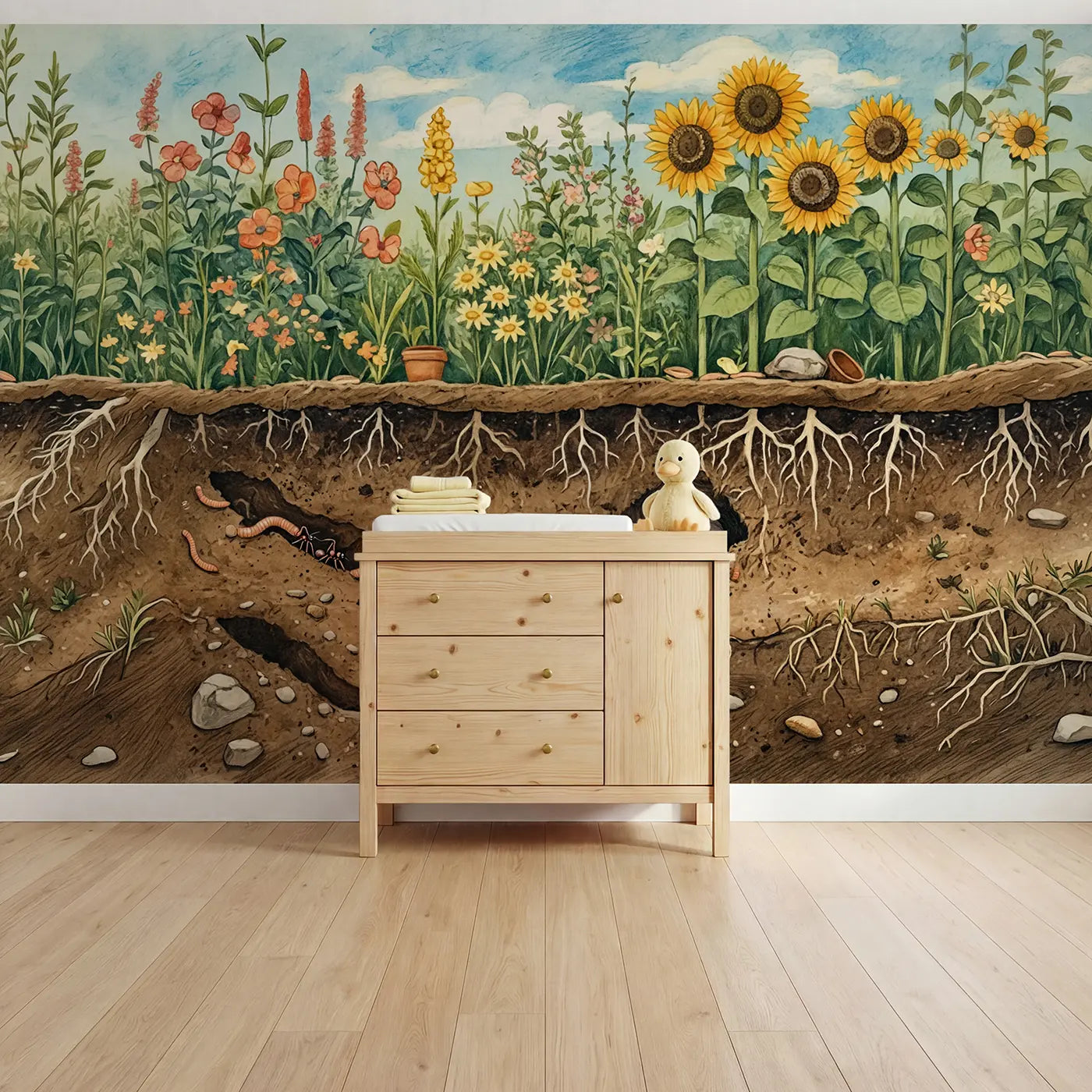 storybook garden cross-section underground wallpaper mural for kids room by Whimsy Tots