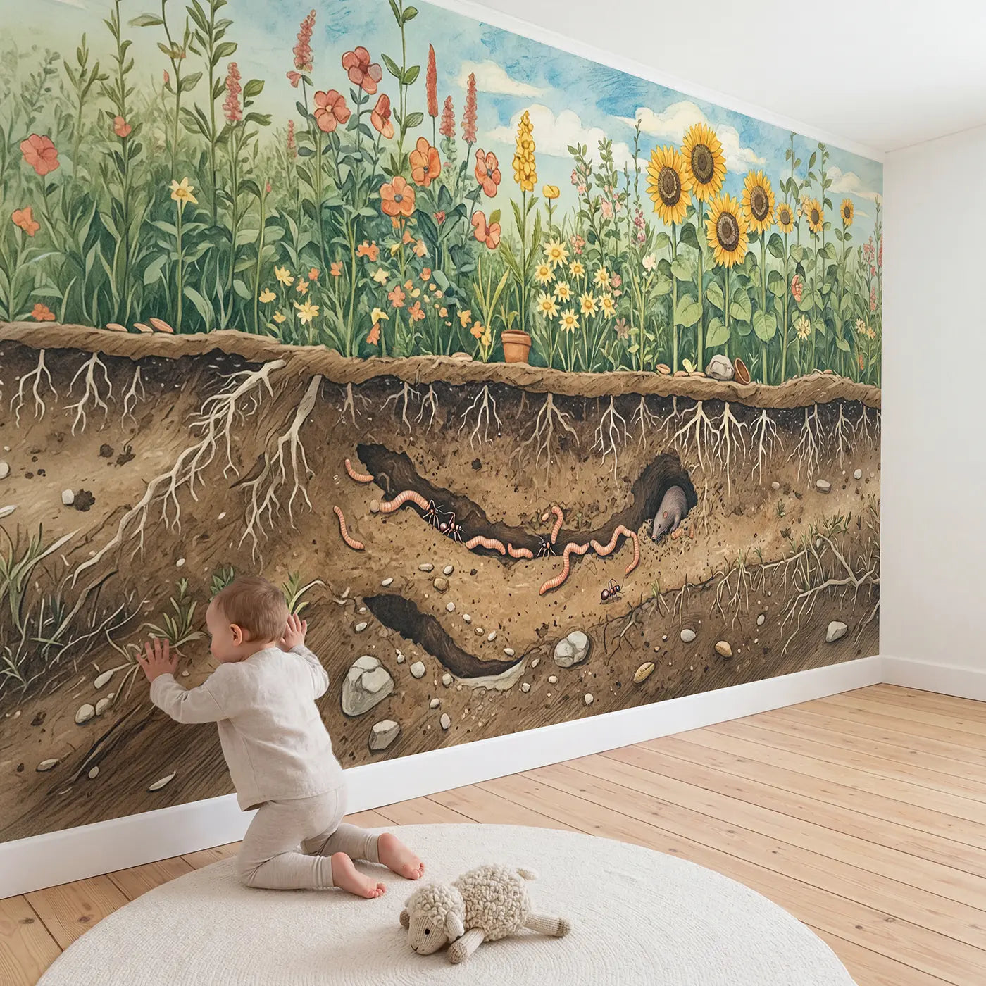 Child in nursery with Garden Cross-Section Underground Wallpaper Mural by Whimsy Tots