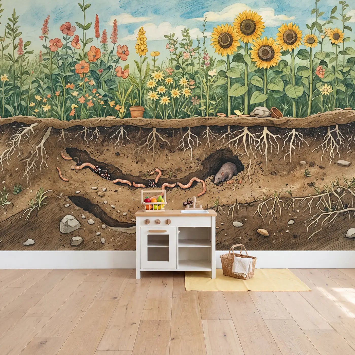 Garden Cross-Section Underground Wallpaper Mural in playroom setting by Whimsy Tots