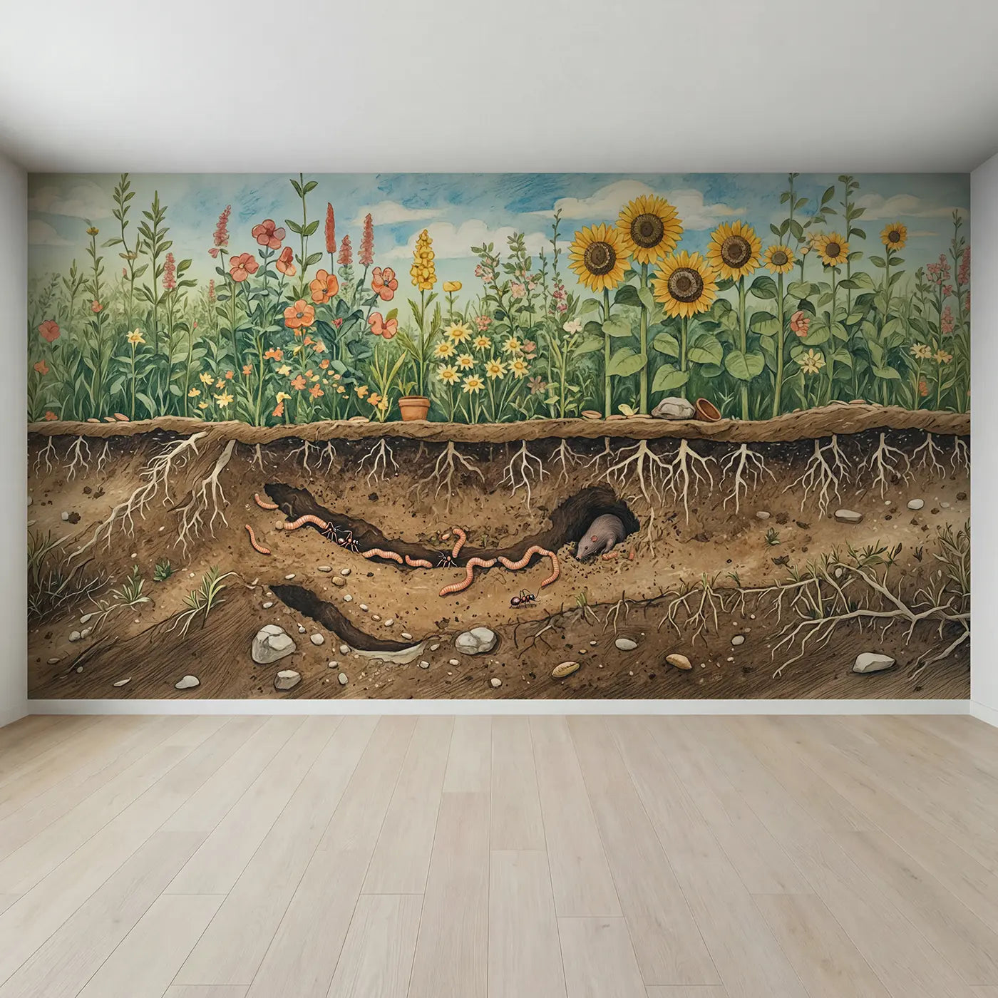 Full view of Garden Cross-Section Underground Wallpaper Mural by Whimsy Tots