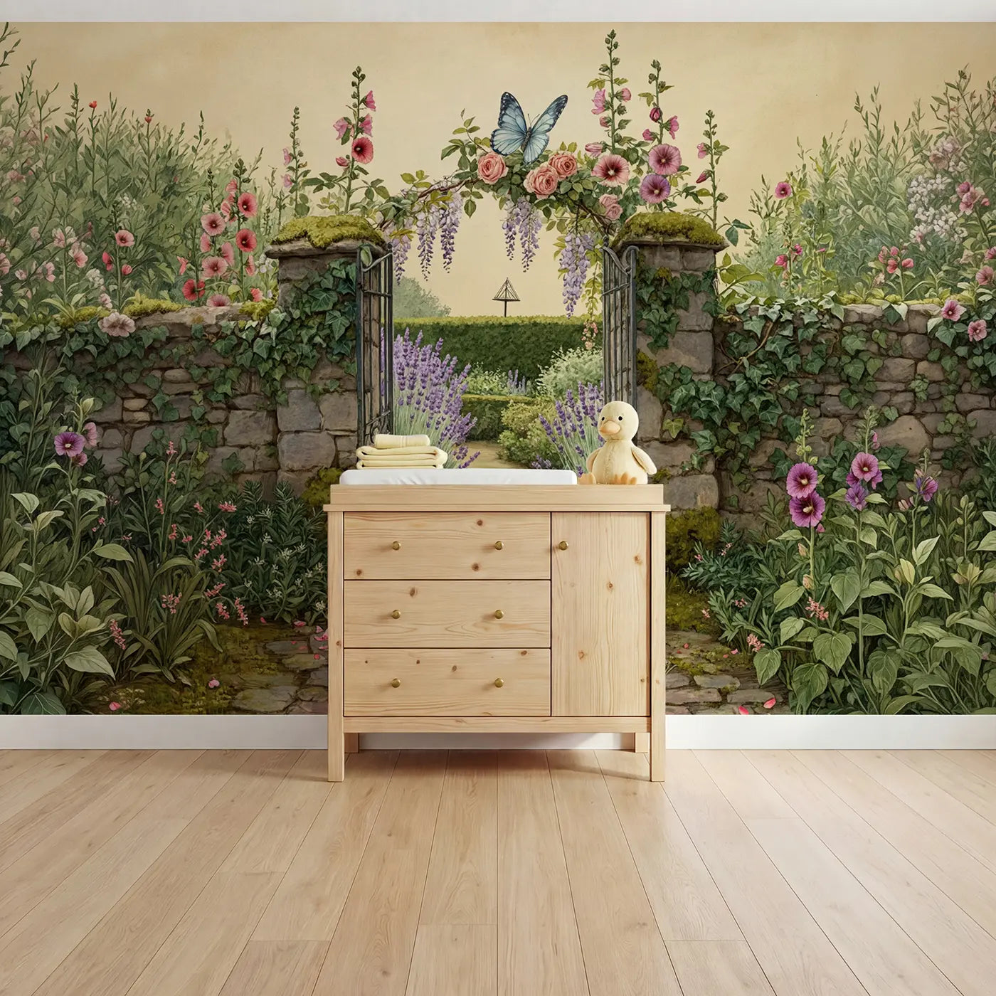 Storybook butterfly and gate garden wallpaper mural for nursery by Whimsy Tots