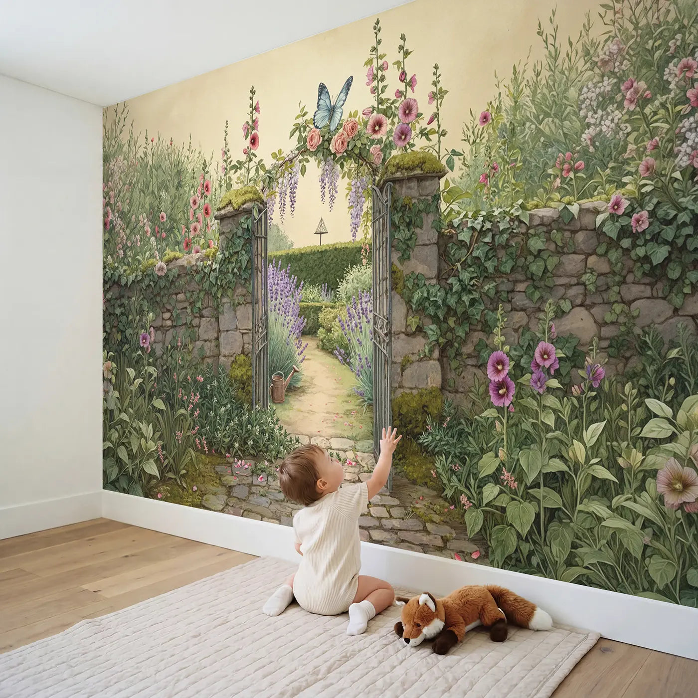 Child in nursery with Secret Garden Butterfly Wallpaper Mural by Whimsy Tots