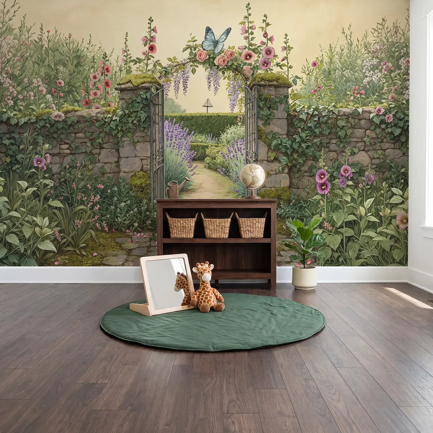 Secret Garden Butterfly Wallpaper Mural in playroom setting by Whimsy Tots