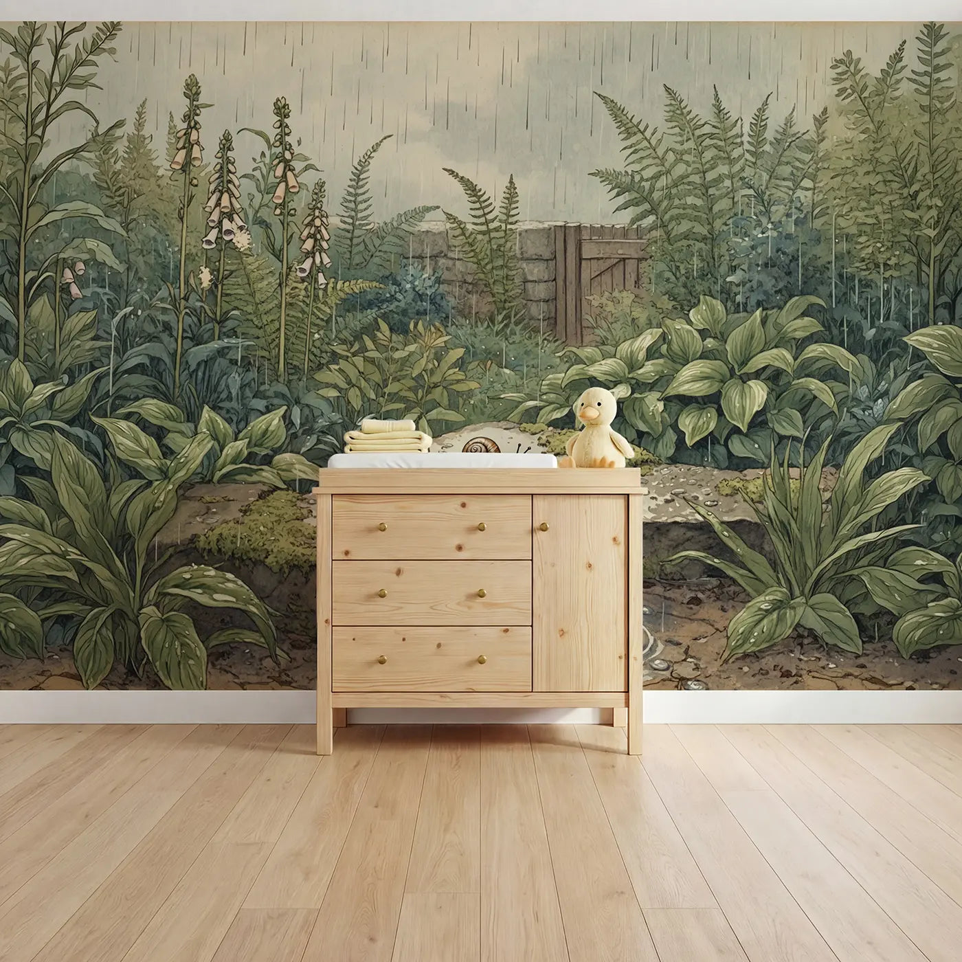 Storybook garden snail rainy stone wallpaper mural for kids room by Whimsy Tots