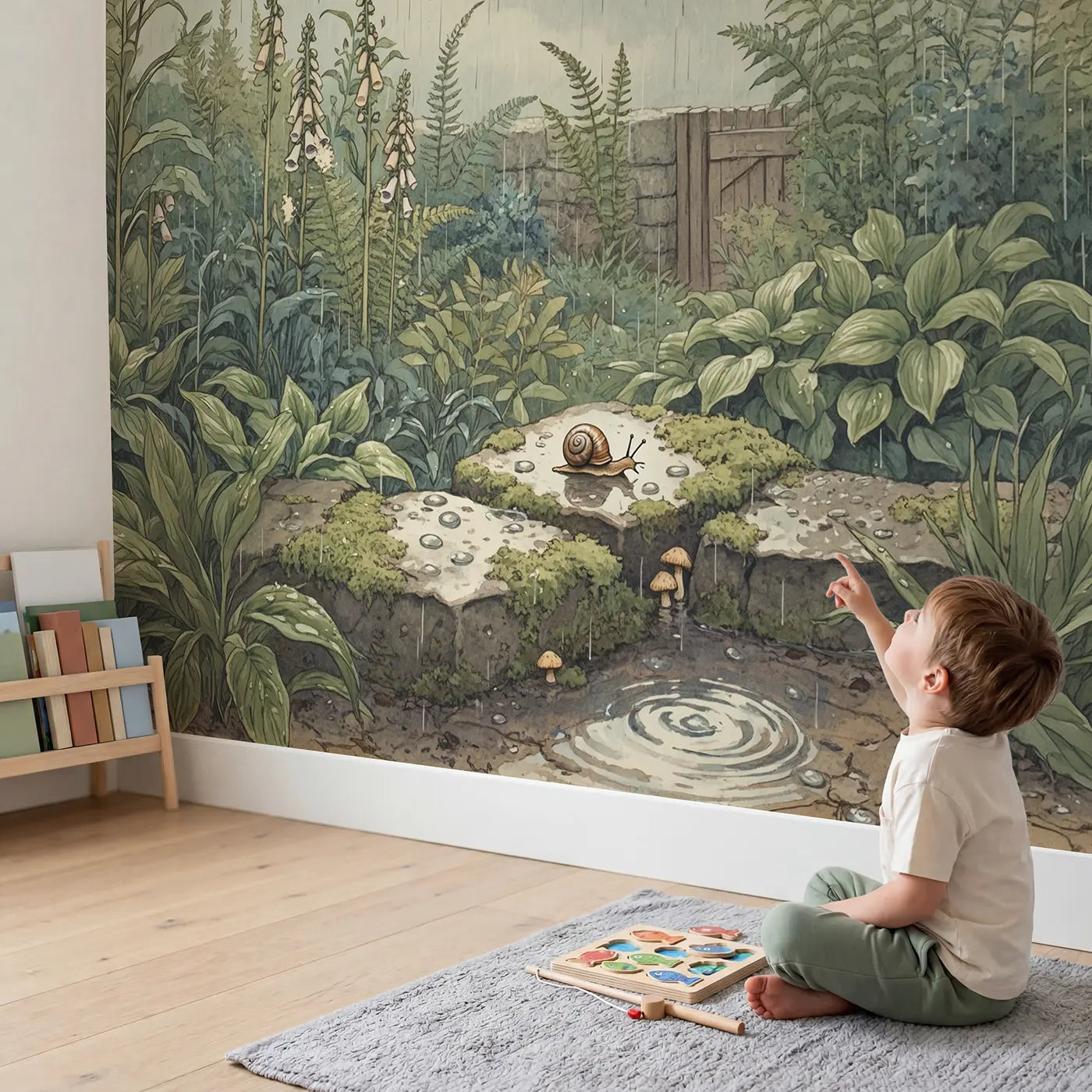 Child in nursery with Rainy Garden Snail Stone Wallpaper Mural by Whimsy Tots