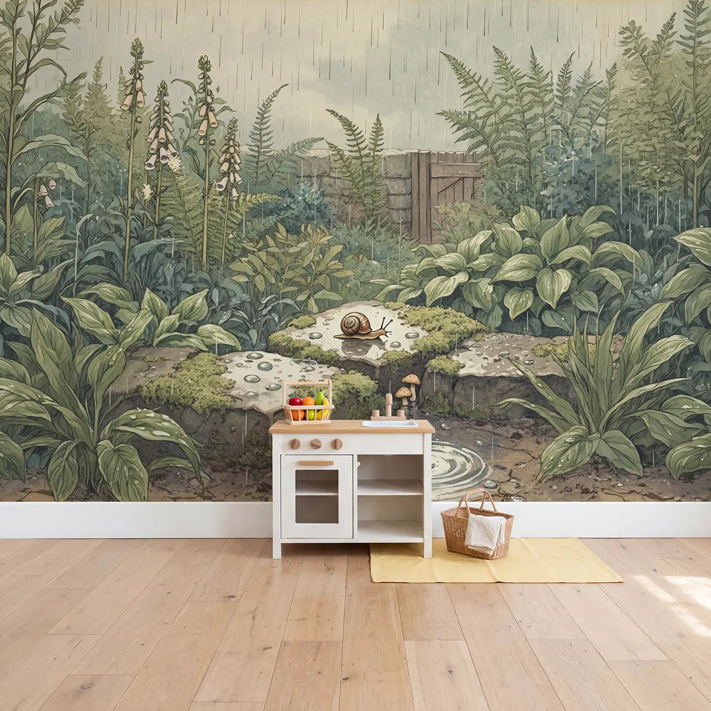 Rainy Garden Snail Stone Wallpaper Mural in playroom setting by Whimsy Tots